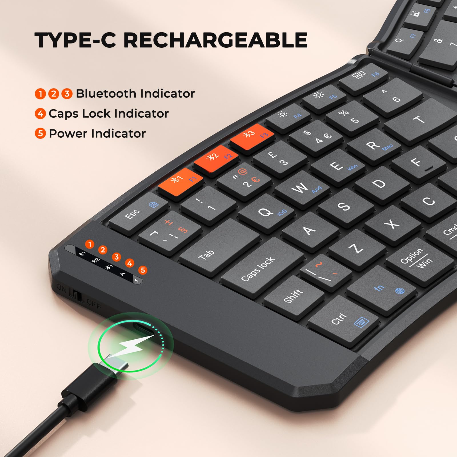 MEETION Tastiera Bluetooth pieghevole ergonomica, compatta, portatile, senza fili, per viaggi d'affari, ricaricabile, per PC, smartphone, iOS, Android, Windows, Mac, colore nero
