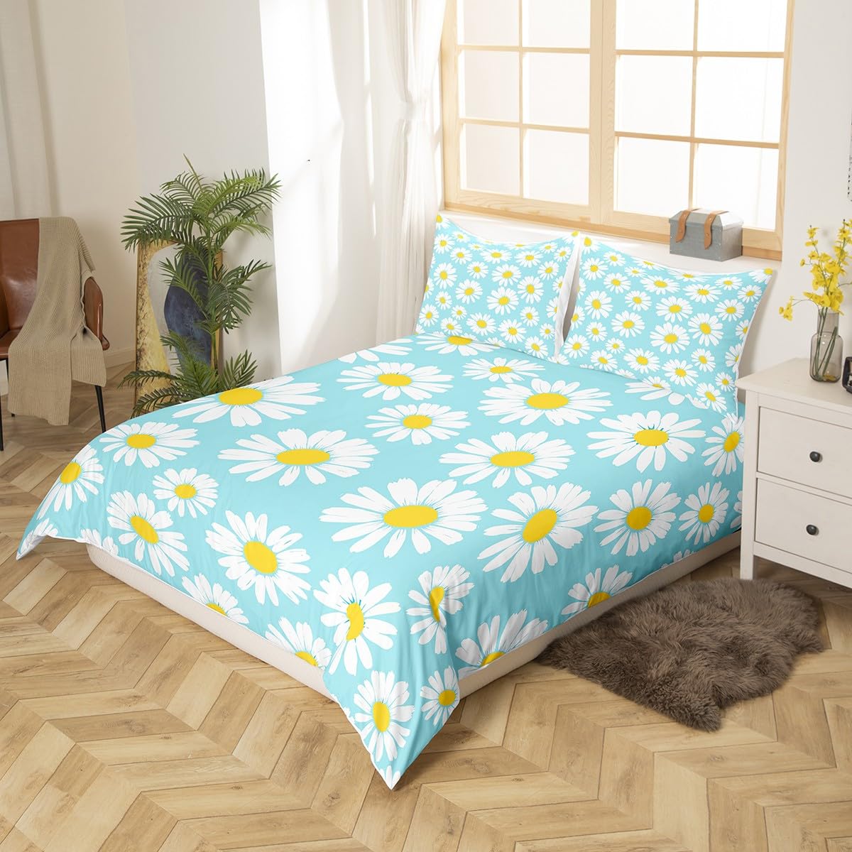 Daisy Flowers Duvet Cover Queen for Boys Girl Kids Yellow and White Floral Bedding Set Sky Blue Background Comforter Cover Child Garden Theme Decor Bedspread Quilt Cover for Kids Dorm Room,Soft,Zipper