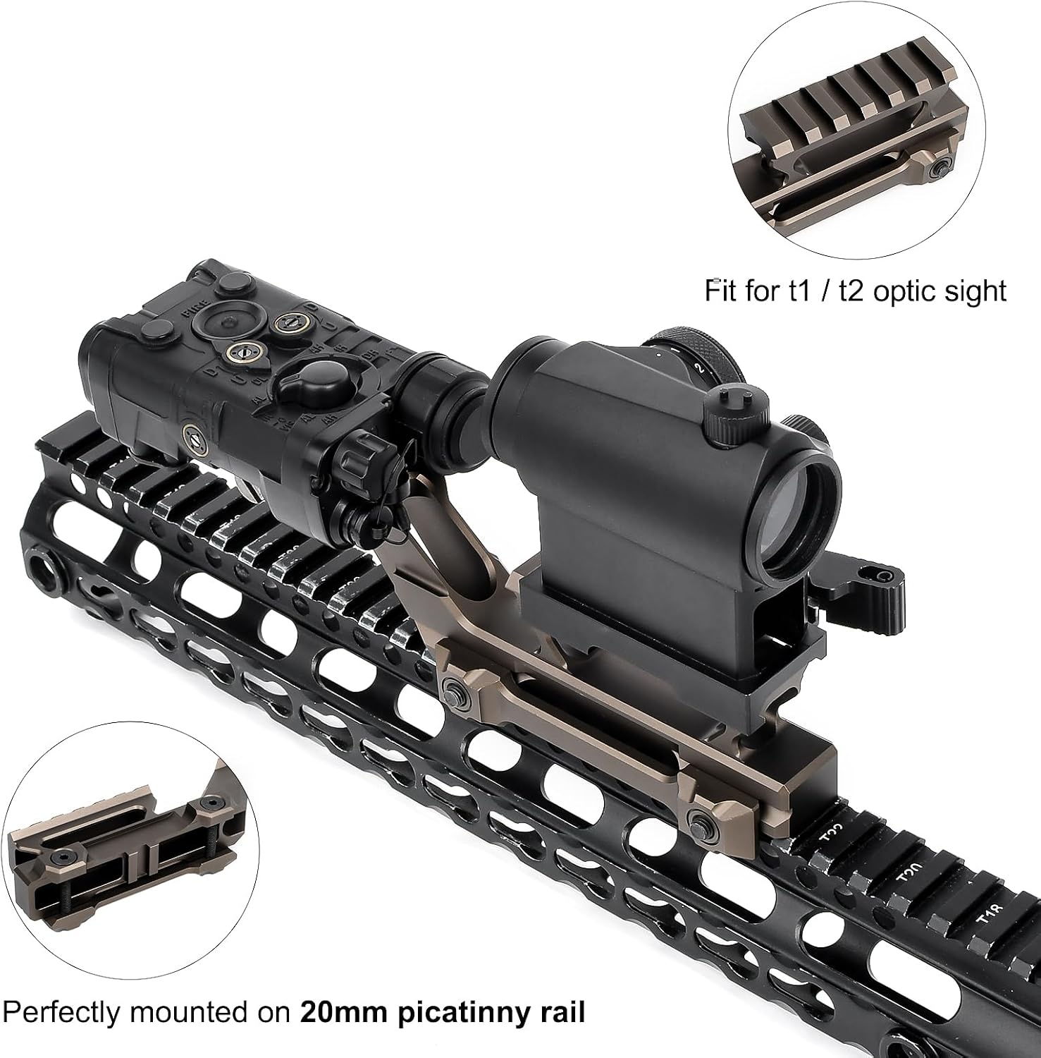 Tactical Group Type Mount Kit Picatinny Rail Riser Dual Optics Riser Mount Combo Adapter for Laser Holographic T1 T2 Red Dot Scope Sight, Fit for 20mm Picatinny Rail