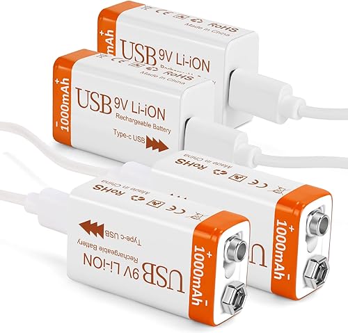 Miniatura 10 de Baterías recargables de litio de 9 V de 1000 mAh con cable de carga USB 2 en 1, batería de iones de litio 6f22 de 9 voltios para detector de humo