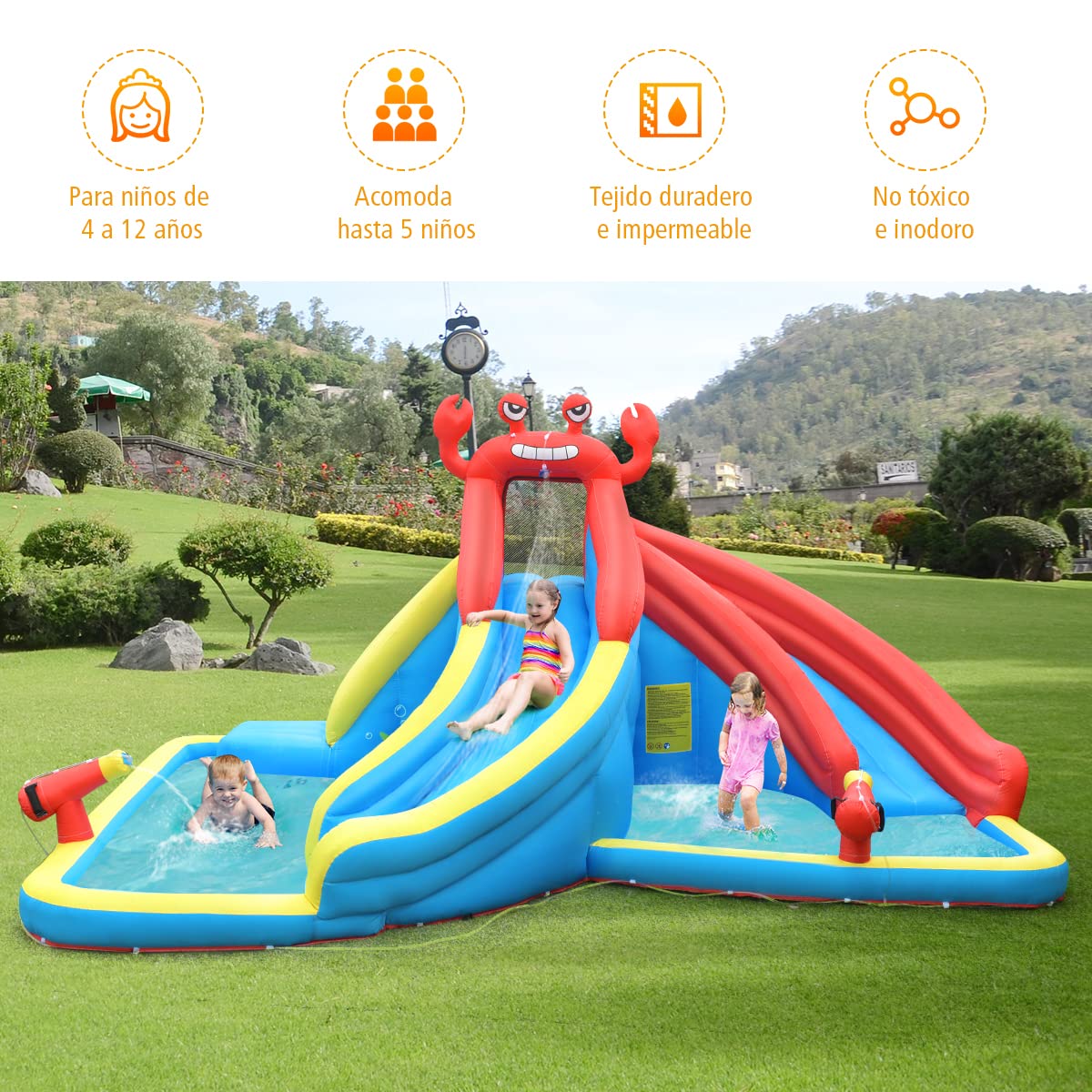 COSTWAY Tobogán Acuático Hinchable, Casa Inflable con Forma de Cangrejo con Pared para Escalar, Piscina e Hidrante, Bolsa de Transporte, Kit de Reparación, Manguera (con Soplador de 480 W)