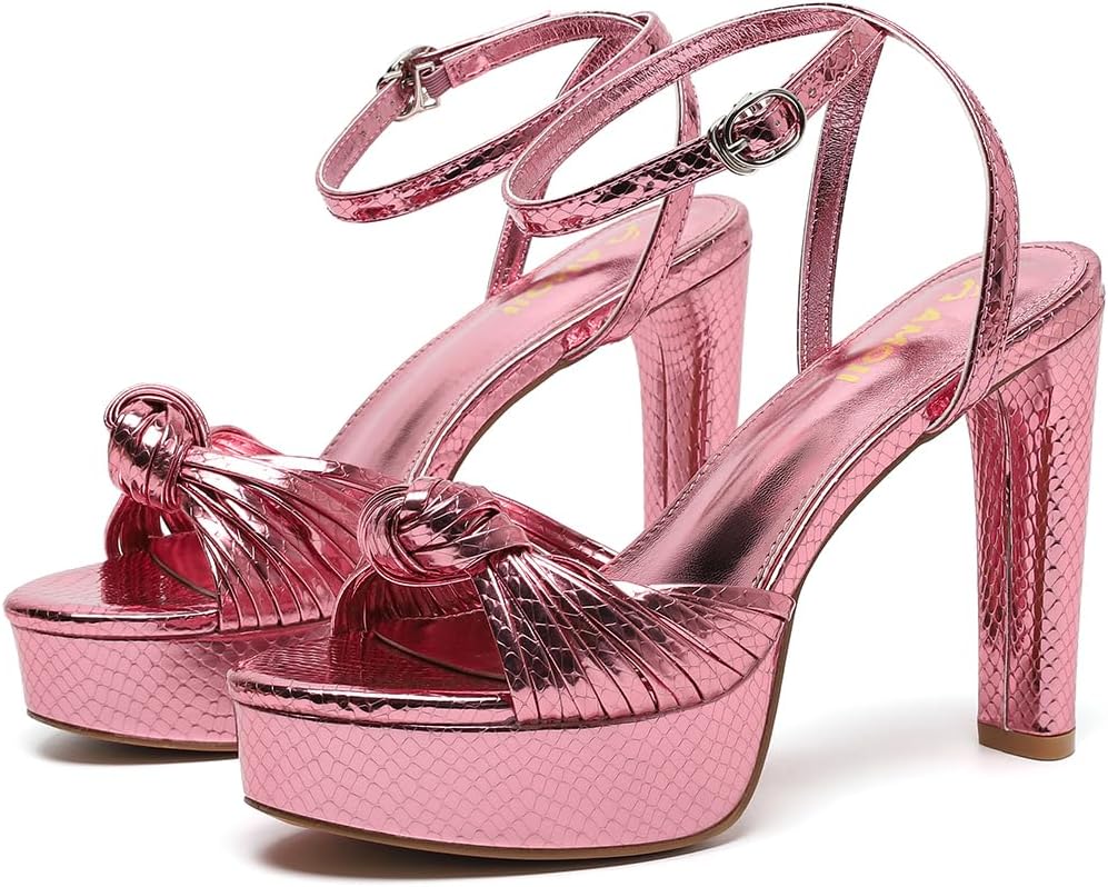 Amoji Women's Block Heels 4 Inch Platform Braid Knot Ankle Strap Lady Heeled Sandals FZ319 - Image 3