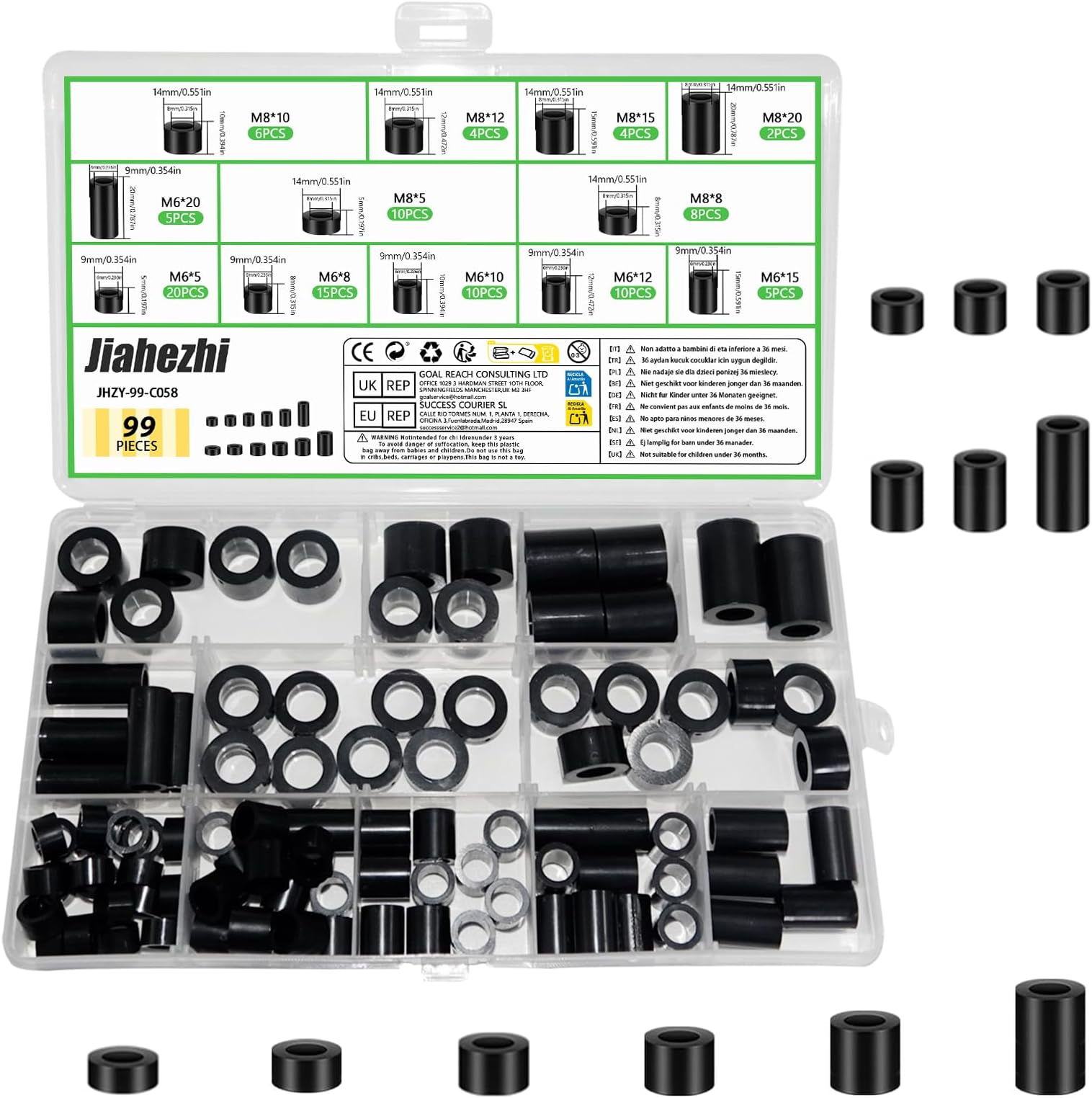99 Pcs Black Nylon Plastic Spacers Kit, Non-Threaded M6 M8 Insulation Washers for Standoff Support, 12 Sizes, Round Spacer Washers for Electronics & DIY Projects