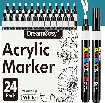 24 Pack White Acrylic Paint Markers Set | Medium Tip | Opaque Paint Pens for Paper, Canvas, Ceramic, Glass, Wood, Fabric, Rock & More | Quick-Drying, Non-Toxic Art Supplies for DIY, Crafts & Artists
