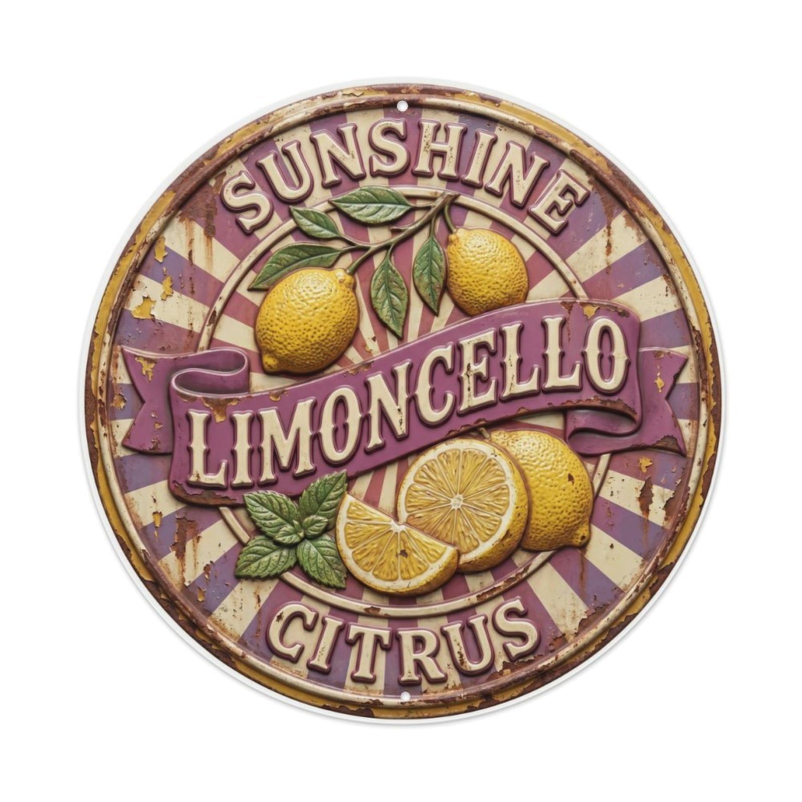 Fqcyn Style Sunshine Citrus Emblem Limoncello Metal Tin Sign Plaque Wall Decor For Cafe, Club Bar, Office, Home Garden Round Metal Poster 8X8inch