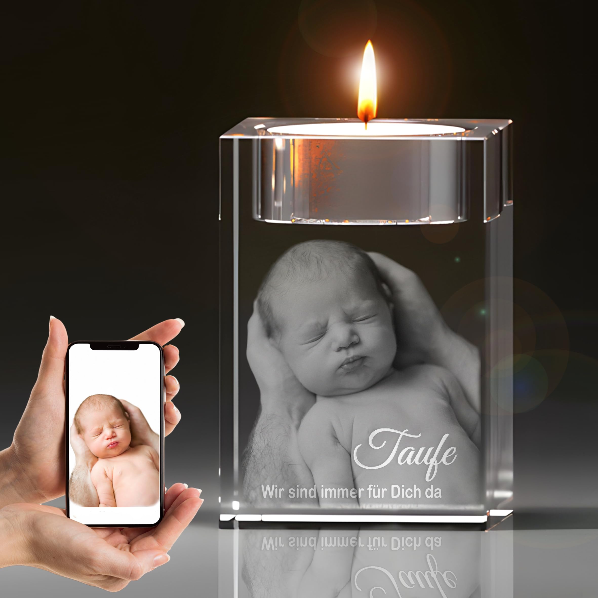 3D Taufkerze in Glas – Personalisierte Gravur mit Teelicht, Erinnerungsgeschenk zur Taufe, 3D-Foto, emotionales Geschenk, lebenslange Freude