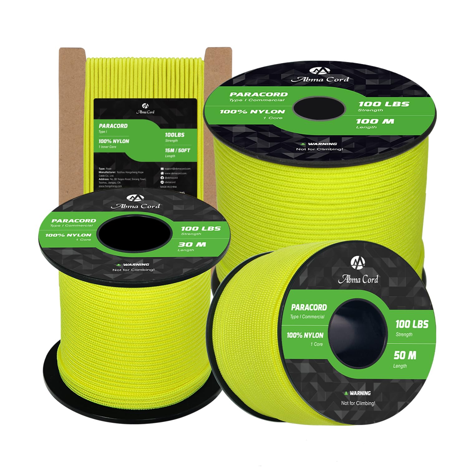 Abma Cord Paracord 2mm 15m 100% Nylon Rope 1 Strand Type I Parachute Cord - Max. 45kg (100lbs) - Neon Yellow