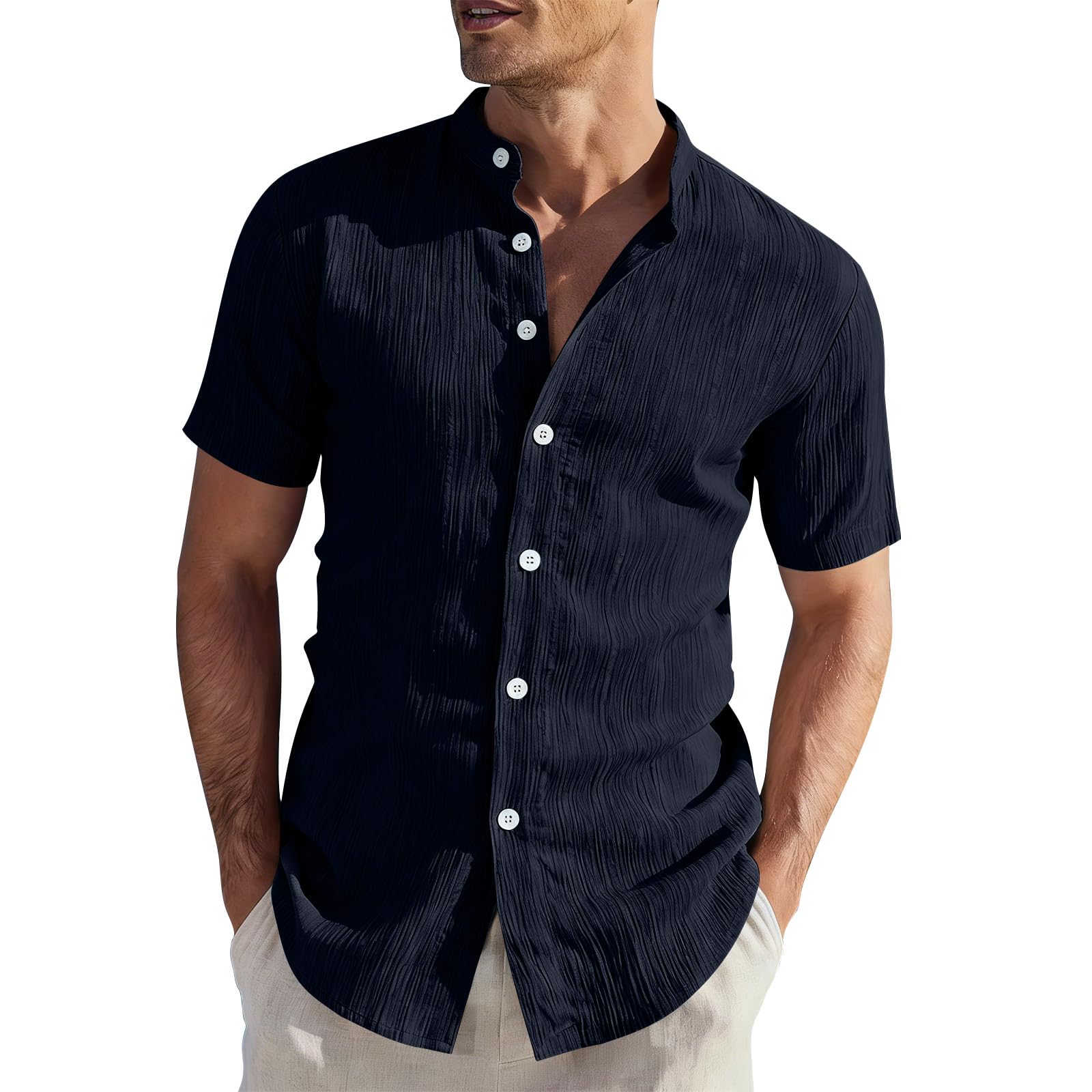 Mens Button Down Short Sleeve Shirt Textured Summer Beach Hawaiian Shirt Casual Fashion Comfy Slim Fit Dress Shirts