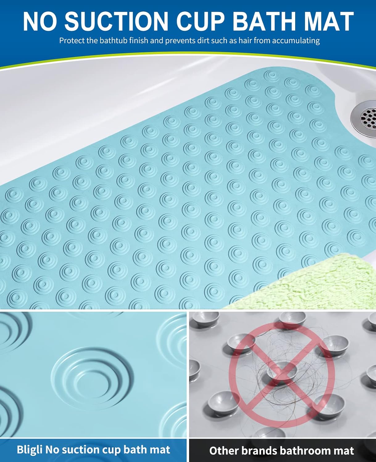 Bligli Bathtub Mat Non-Slip Without Suction Cups, 39x16inch Extra Long Bath Mats for Shower Bathroom, Machine Washable Natural Rubber Shower Tub Mat (39x16inch, Sky Blue)