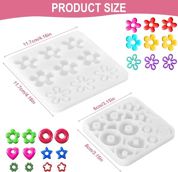 2PCS Moules à Fleurs pour Fabrication de Boucles d'Oreilles,Moule Silicone Resine Epoxy,mini moules en silicone avec fleurs creuses en époxy pour colliers,Porte-clés (Formes Fleur,Cœur,Étoile,Cercle) - 2