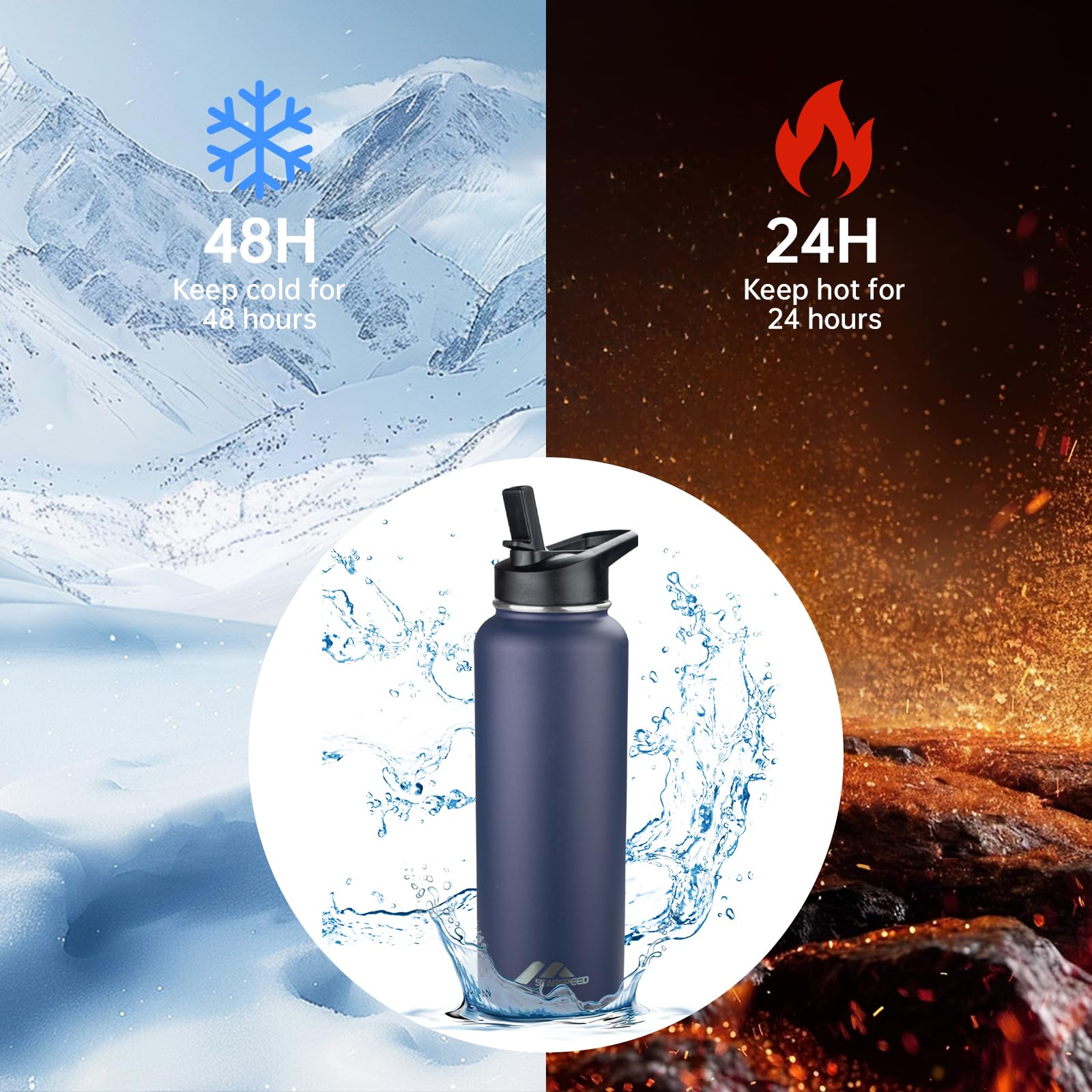 StarSpeed Isolierte Wasserflasche, Edelstahl, doppelwandig, Vakuum-Wasserkrug, 1,2 l, breite Öffnung, Sport-Thermobecher mit Trinkhalm-Deckel für heiße und kalte Flüssigkeiten, 1,2 l