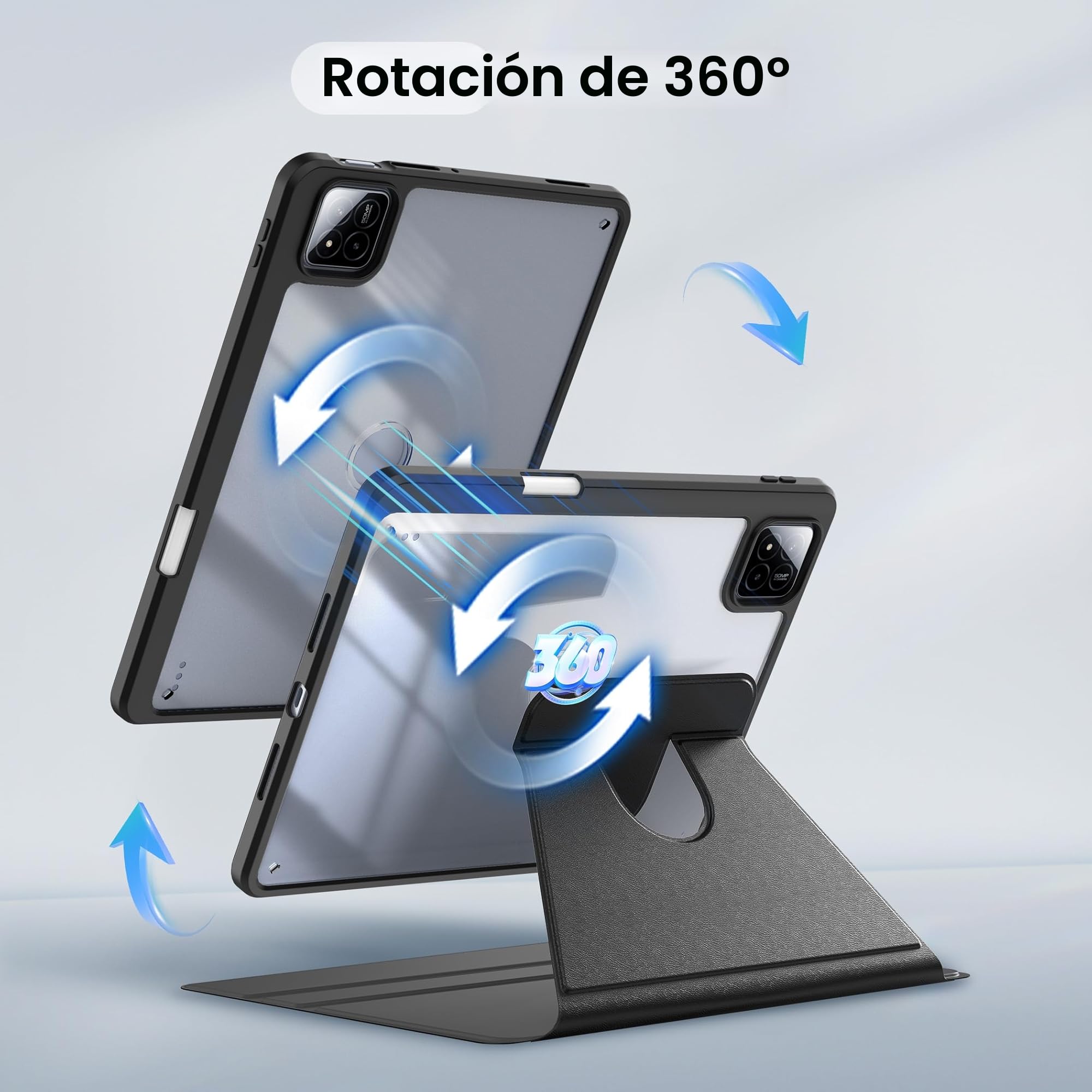 EasyAcc Funda Compatible con Xiaomi Mi Pad 7/ Pad 8/ Pad 7 Pro/Pad 8 Pro(11.2 Pulgadas), con Soporte para Pencil, Carcasa Soporte Rotación de 360 Grados Protectora Respaldo Clara, Negro