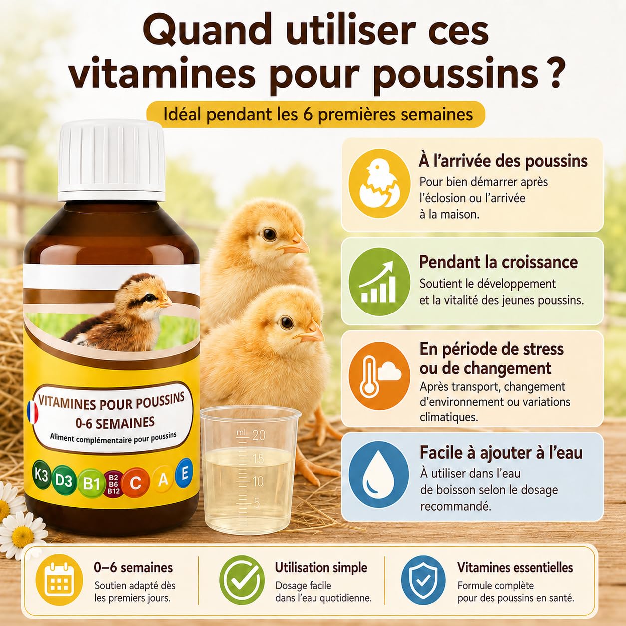 ANI’Nat Multivitamines Poussins 250 ML – Complément Liquide pour Poussins 0-6 semaines – Vitamines, bétaïne et acides aminés – pour démarrage, Croissance et vitalité – À diluer dans l’Eau