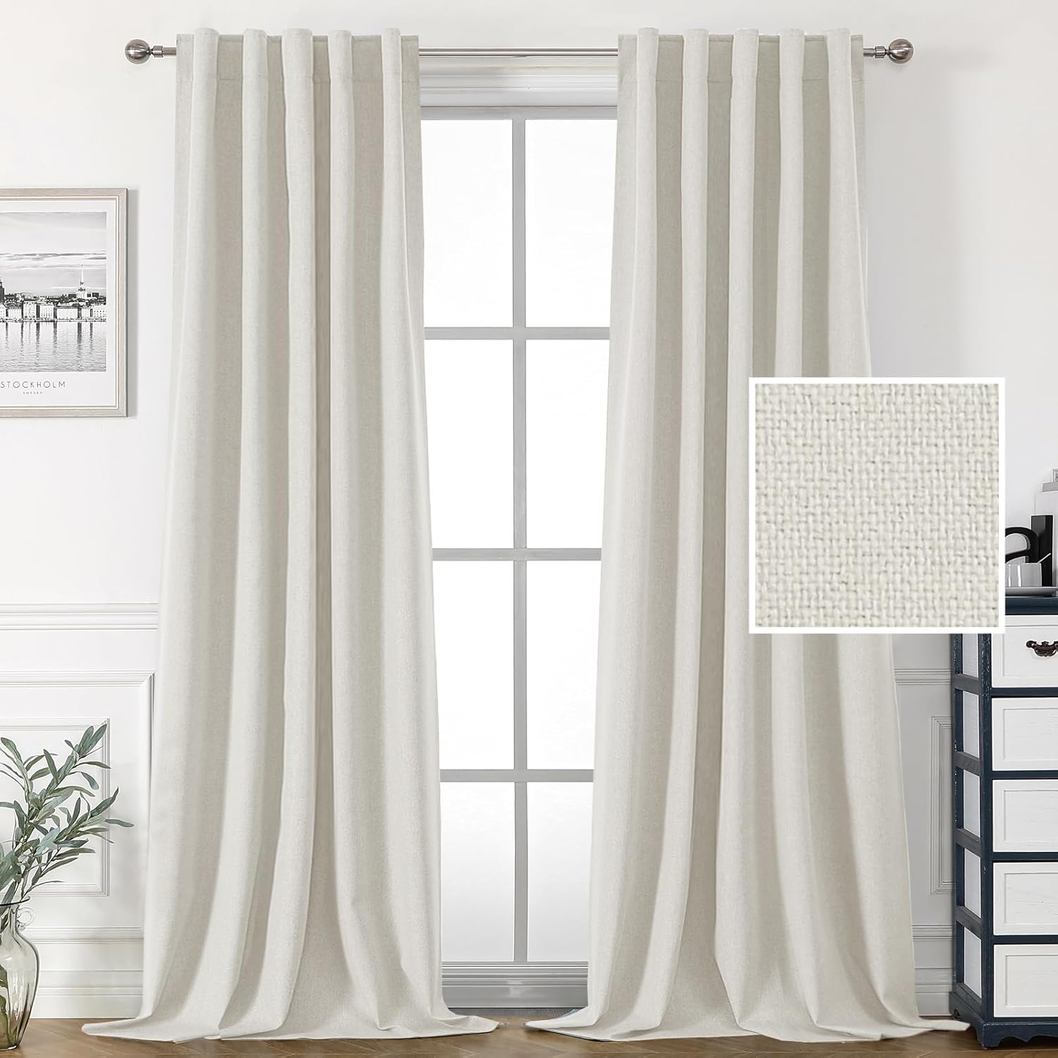 H.VERSAILTEX 100% Blackout Linen Curtains for Bedroom Light Blocking Drapes with Double Face Linen Back Tab Loop Pocket Burlap Curtains for Living Room 2 Panels, 42 x 84 Inch, Heather Off White