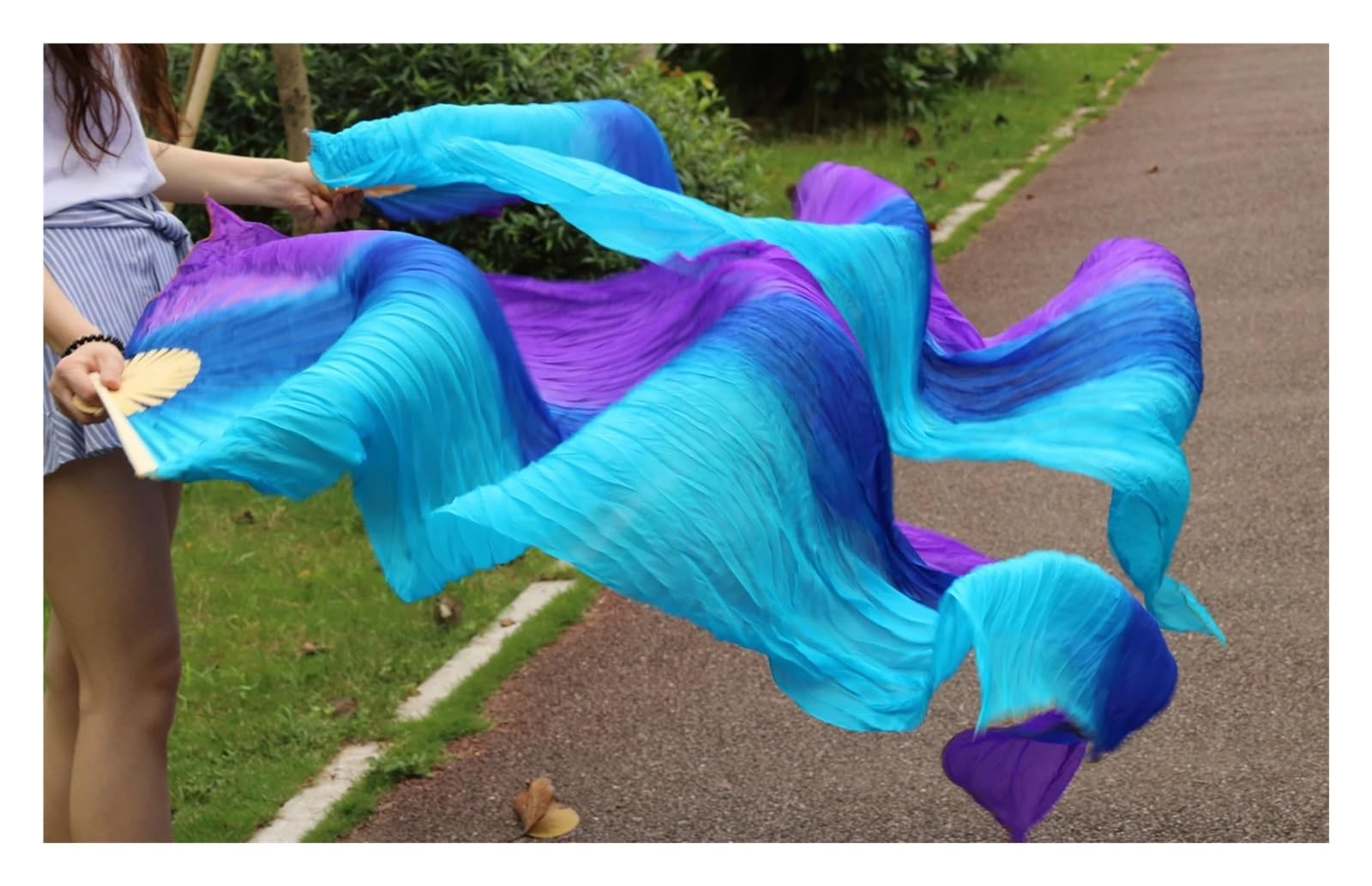 Ventaglio di Seta per Danza del Ventre, Silks 1 Paio di ventagli for Danza del Ventre Tinti a Mano a Righe Turchese+Blu Reale+Viola 150/180 x90cm(180x90cm)