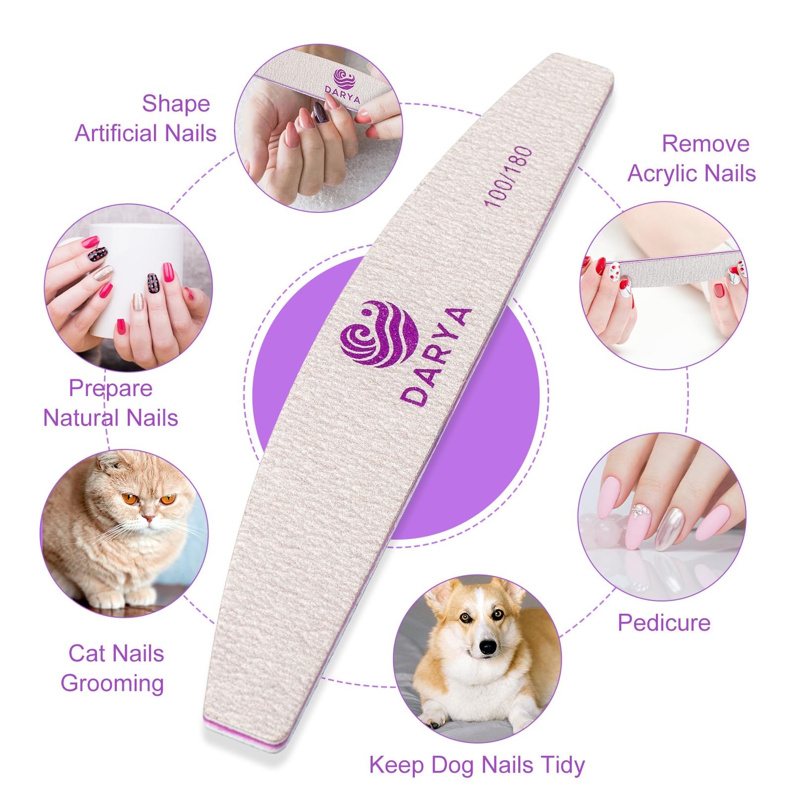 DARYA Limas de uñas (100 piezas) de doble cara de grano 100/180 para uñas, acrílicas, limas naturales de uñas de los pies y aseo de mascotas, duraderas, lavables, profesionales para uso doméstico y