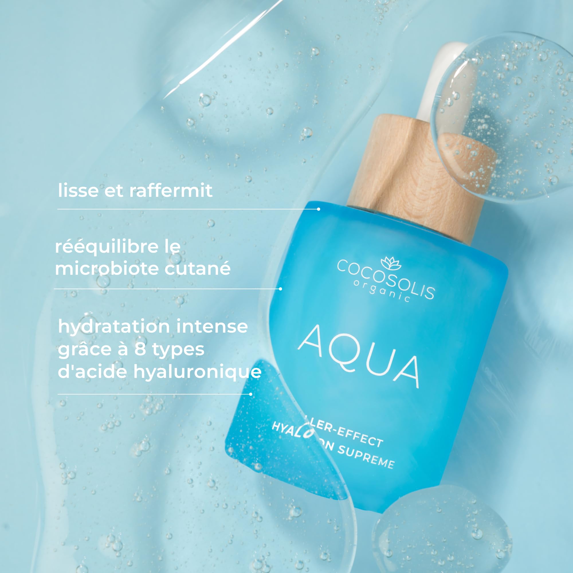 COCOSOLIS Aqua Filler-Effect Hyaluron Supreme Sérum pour le visage avec 8 types d'acide hyaluronique et Aquaxyl™, soin de jour anti-âge végétalien avec ultra hydratation