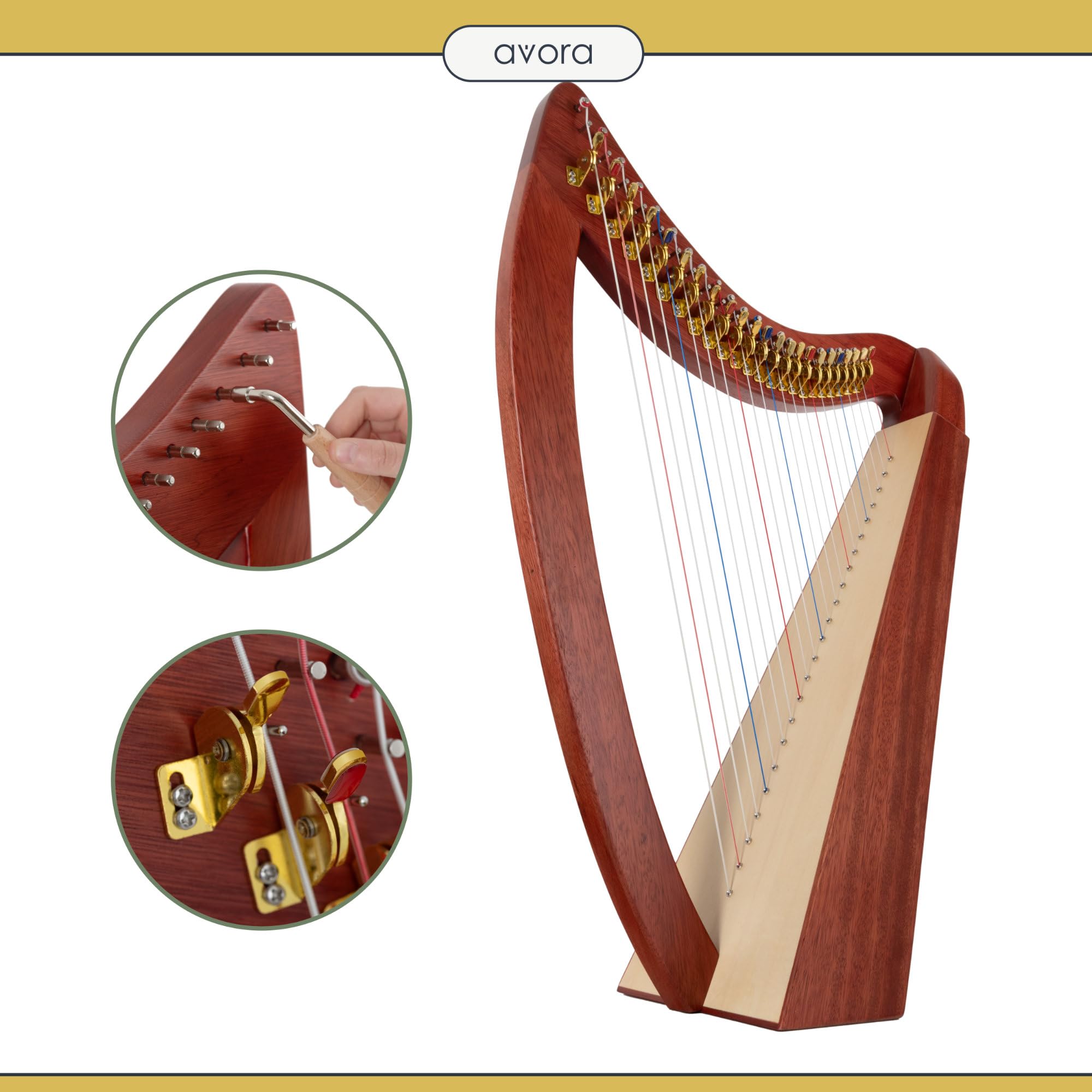 Avora Arpa Celtica 23 corde in mogano – artigianale con borsa, chiavi di accordatura, meccanismo a ganci – diatonica in Mi bemolle maggiore, leggera e compatta per uso flessibile.