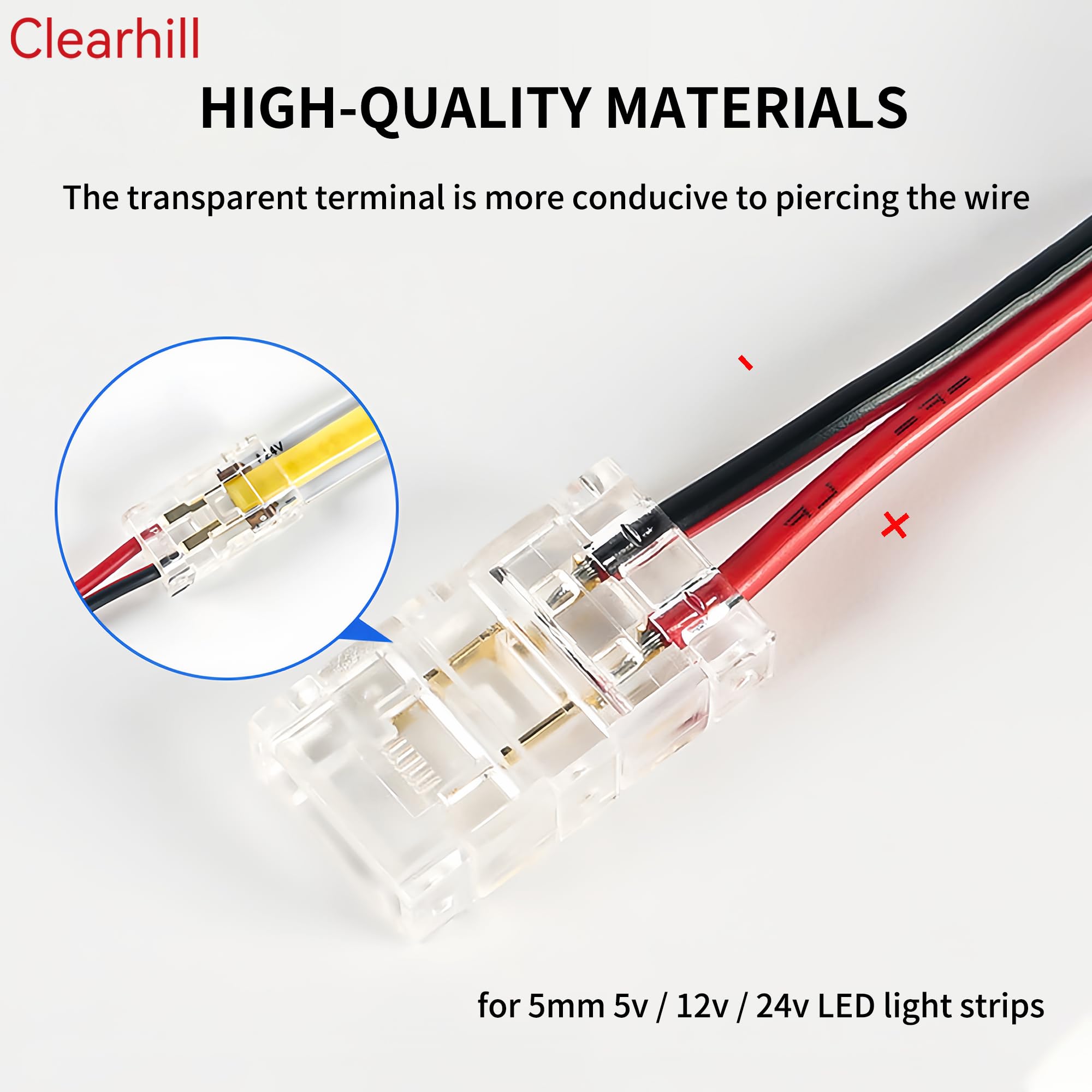Clearhill 5mm 2Pin 20Packs COB LED Strip Connectors,Solderless Strip to Wire Connectors + 10cm Cable-Gapless Connection for 5mm Single Color COB LED Strips - Image 3