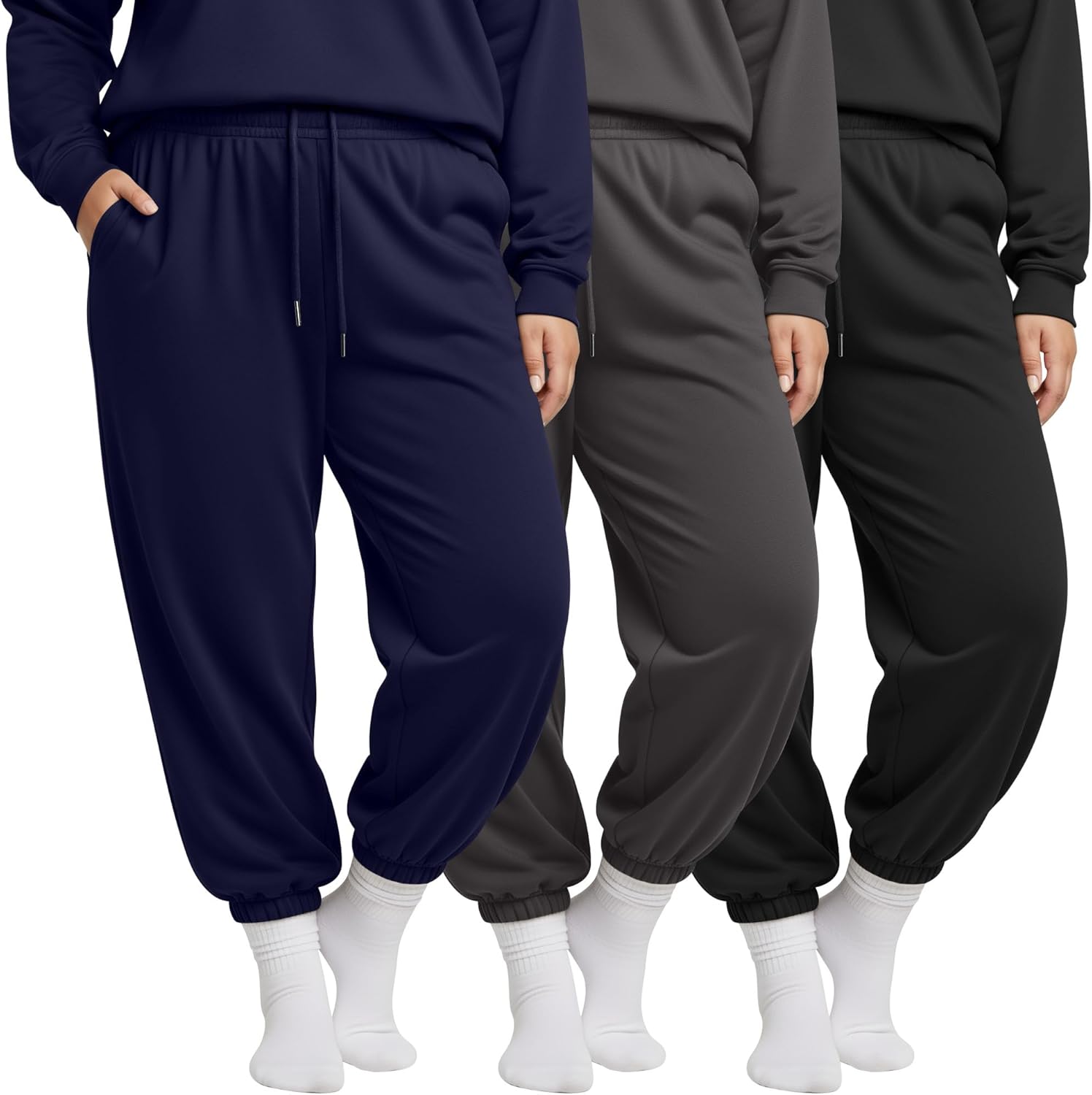 3 Pack Women's Plus Size Sweatpants Lightweight Athletic Joggers Drawstring High Waisted Lounge Pants with Pockets
