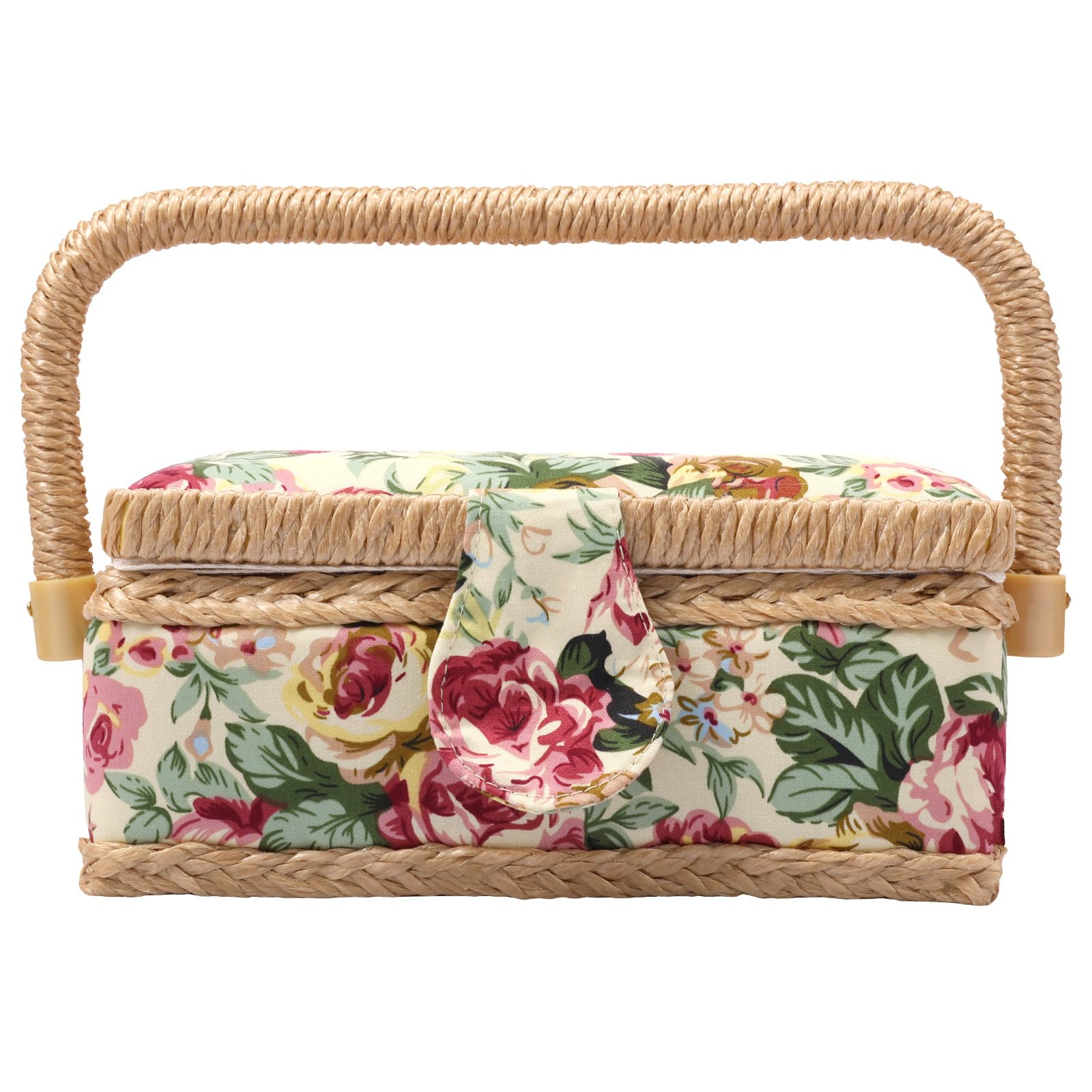 Sewing Box with Tray and Pin Cushion, Sewing Basket, Large Capacity Sewing Basket Organizer with Inside Pocket, Multifunctional Sewing Supplies Basket for Needles Thread Tape Measure Scissors (flower)