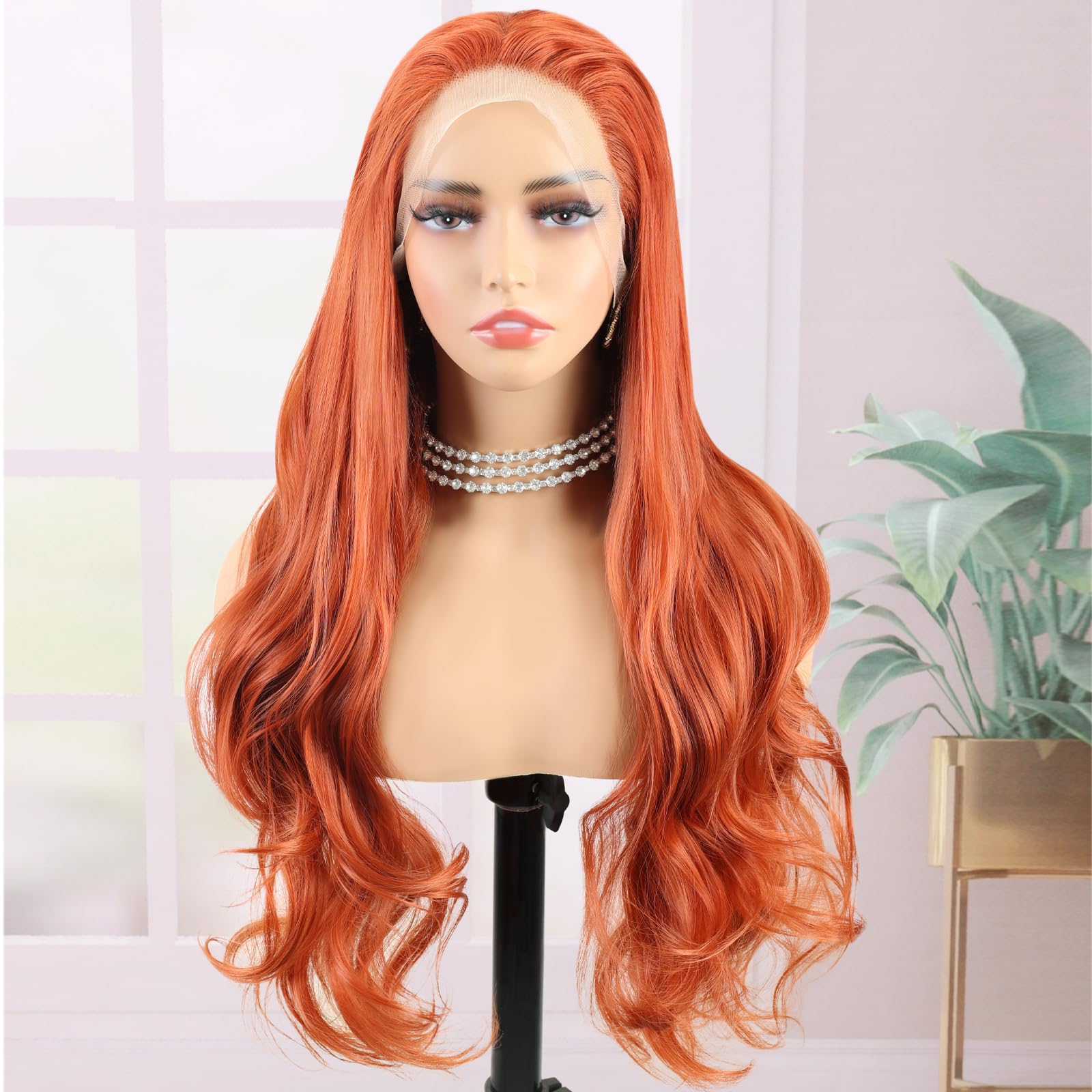 Creamily Orange Lace Front Wig Long Wavy Synthetic Wig Silky Heat Resistant Glueless 13x3 Synthetic Lace Front Wigs Natural Hairline for Women