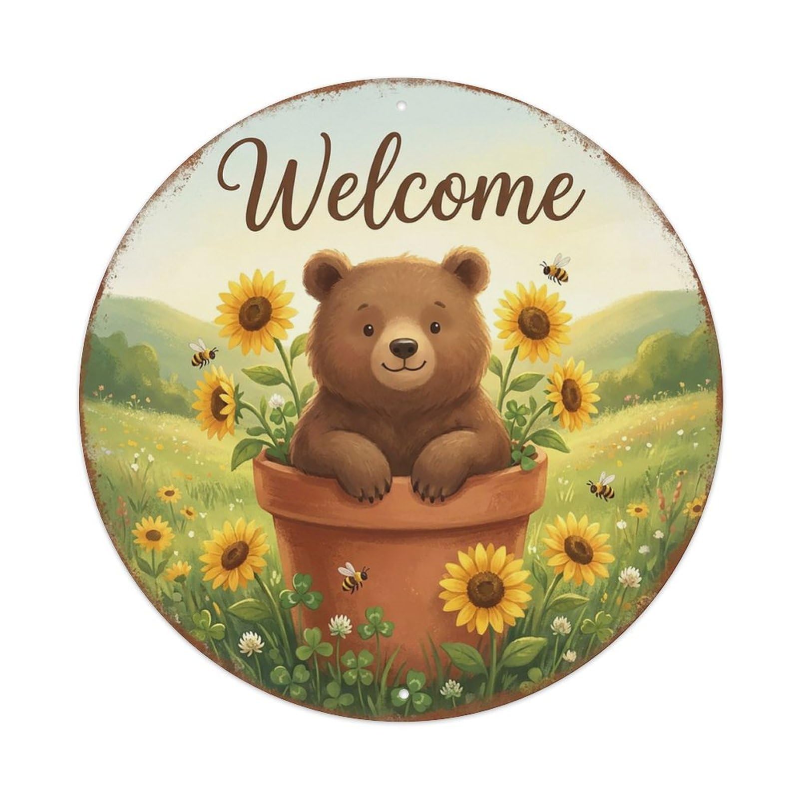 Welcome Bear Sunflower Meadow Vintage Metal Tin Sign Plaque Wall Decor for Cafe, Club Bar, Office, Garden Metal Poster 8x8Inch