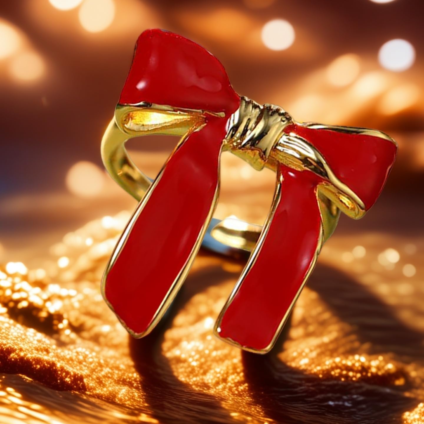 Red Bow Knot Statement Open Ring for Women - Gold Plated Enamel Ribbon Bowknot Adjustable Rings Wedding Anniversary Comfort Fit Thumb Finger Bands Cute Christmas Birthday Jewelry - Image 4