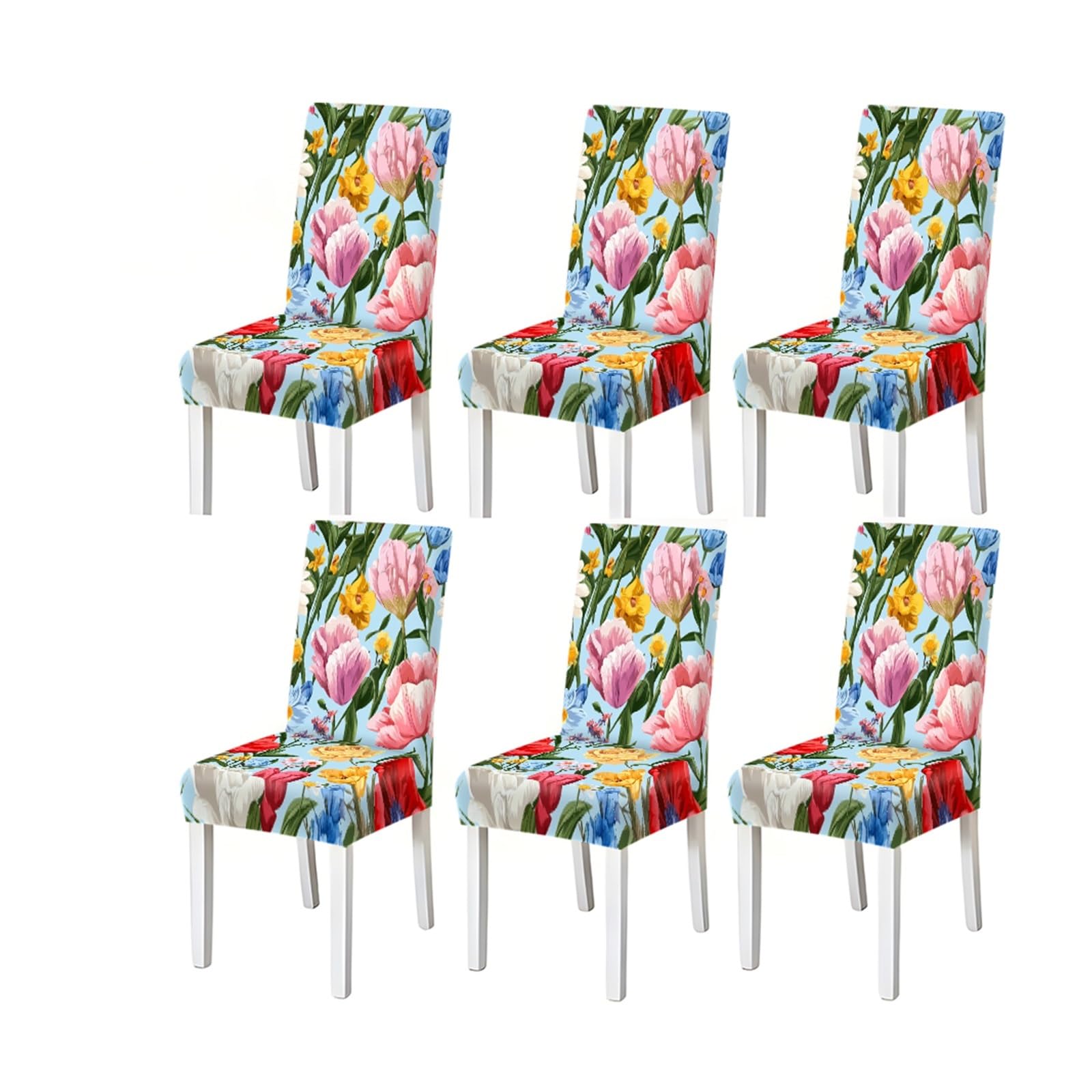 BOSUYBN Spring Tulip Floral Dining Chair Covers Set Of 2/4/6, Stretch Washable High Back Chair Slipcovers, Colorful Garden Home Decor Furniture Protectors for Home Dining Room(6PCSChair cover)