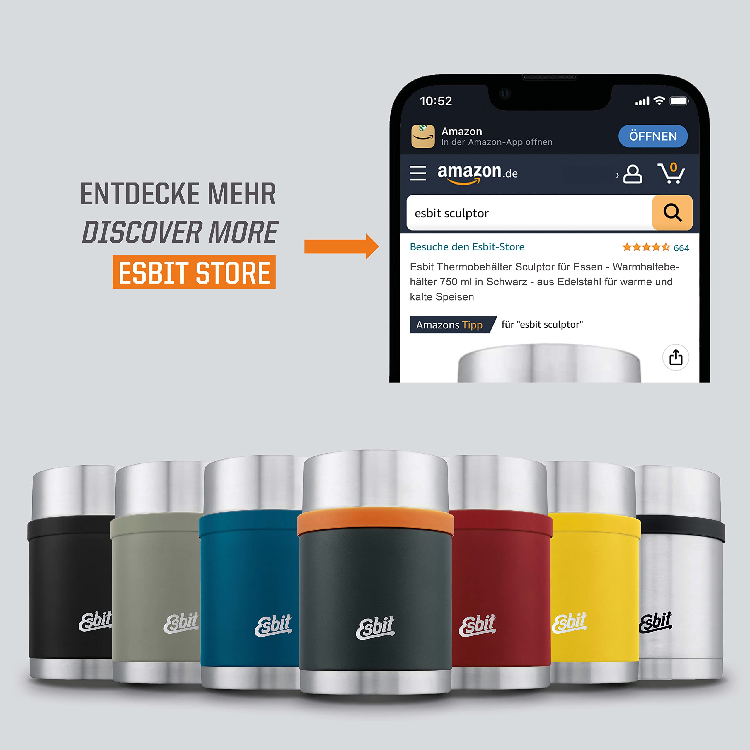 Esbit Thermobehälter Sculptor für Essen - Warmhaltebehälter 500 ml in Stone Grey - aus Edelstahl für warme und kalte Speisen