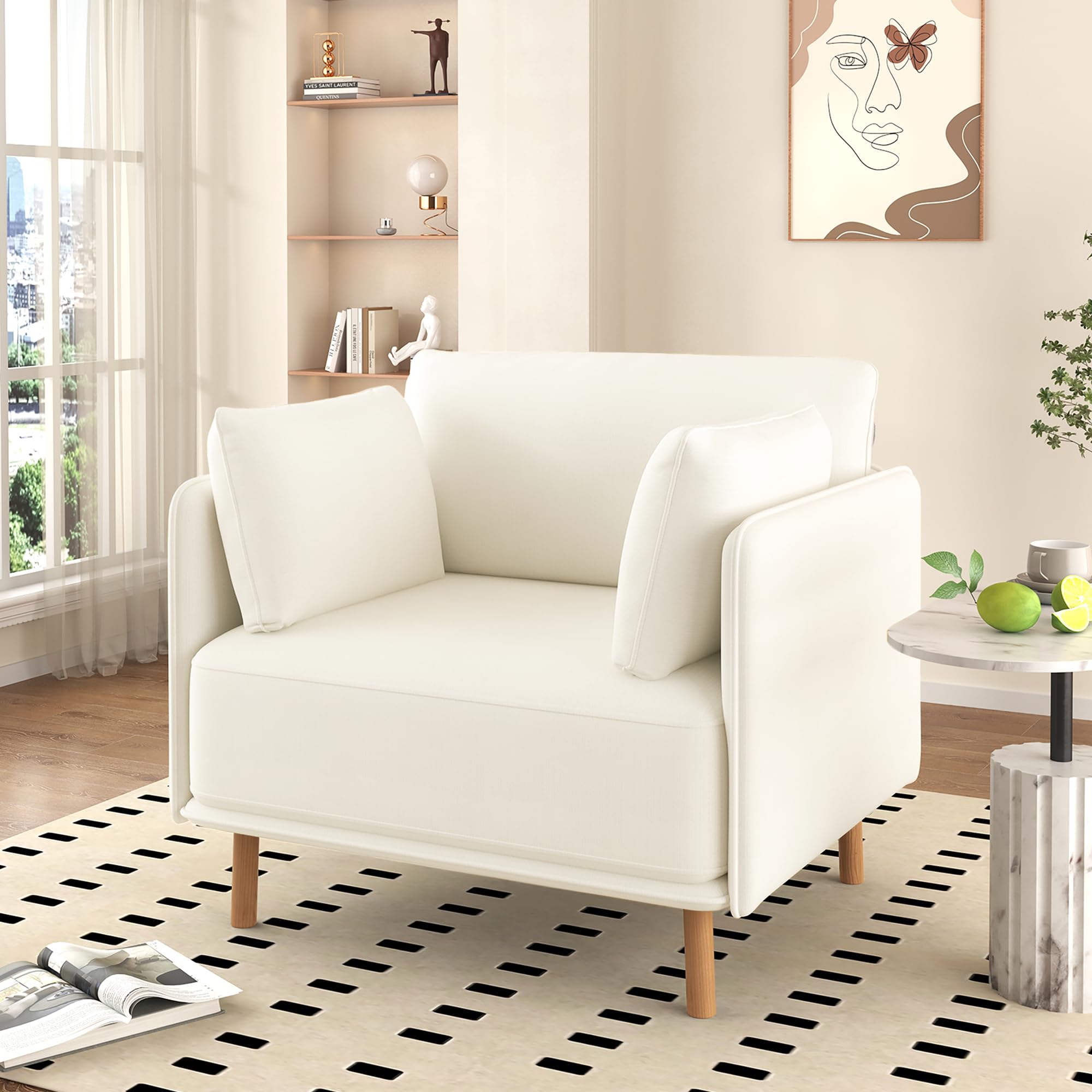 GDFStudio Modern Upholstered Accent Chair with Soft Cushions,Club Chair Single Sofa Side Chair,Lounge Armchair Cozy Seating for Living Room Bedroom Reading Room Office 39" H White