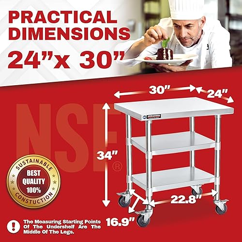 Miniatura 28 de DuraSteel Mesa de trabajo de acero inoxidable de 30 x 24 x 34 pulgadas de altura con 4 ruedas giratorias, mesa de trabajo de grado comercial