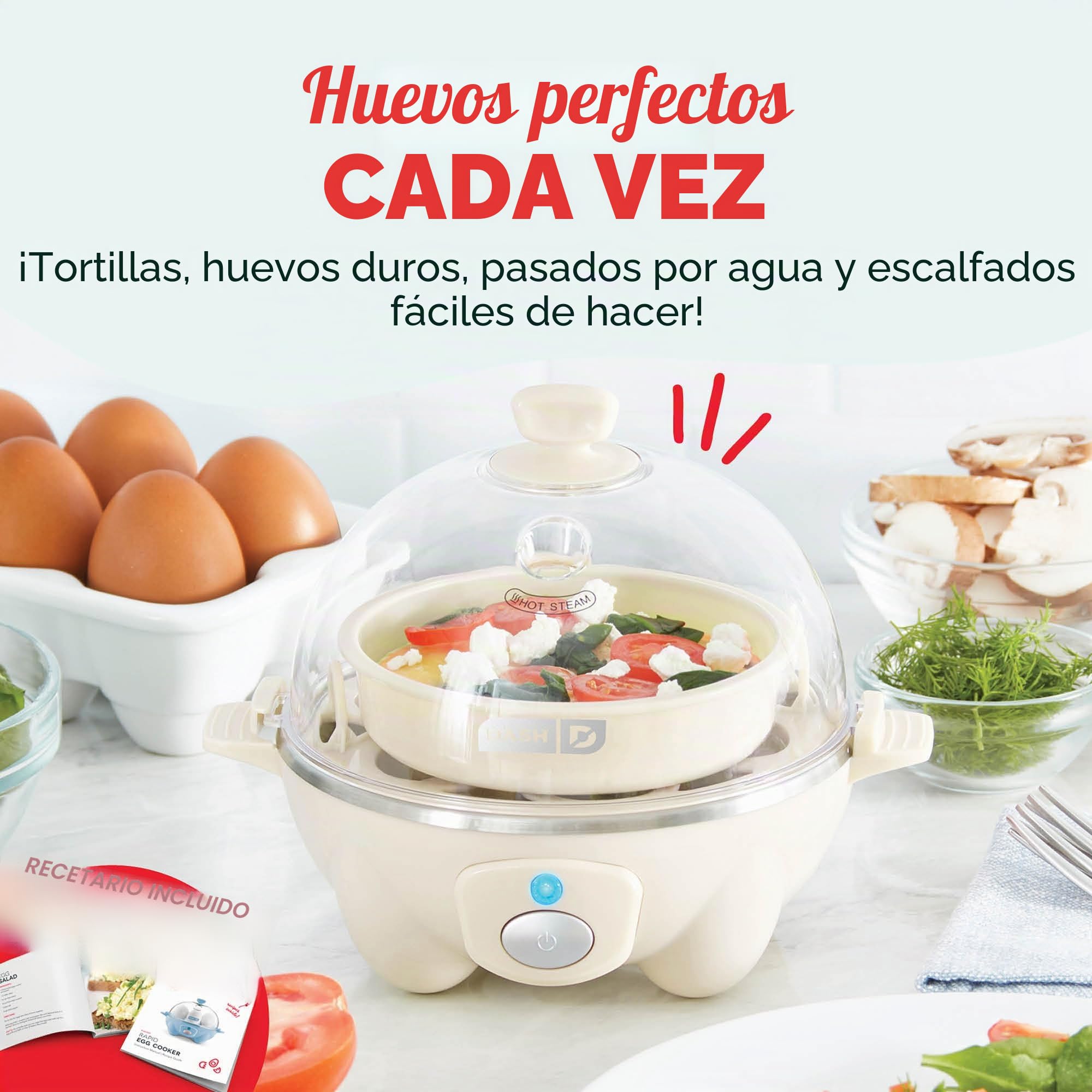 DASH - Olla de huevo rápida, con capacidad para 7 huevos, para huevos duros, huevos escalfados, huevos revueltos u tortillas con función de apagado automático, color crema