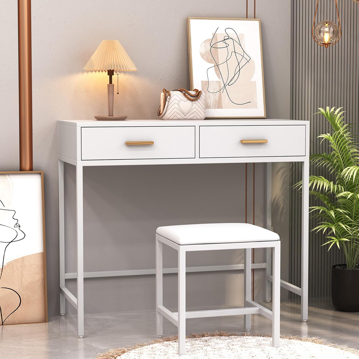 Modern Vanity Desk, Pre-Assembled Makeup Table with 2 Storage Drawers & Cushioned Stool, Small Dressing Table with Gold Handles for Teen Girls, White