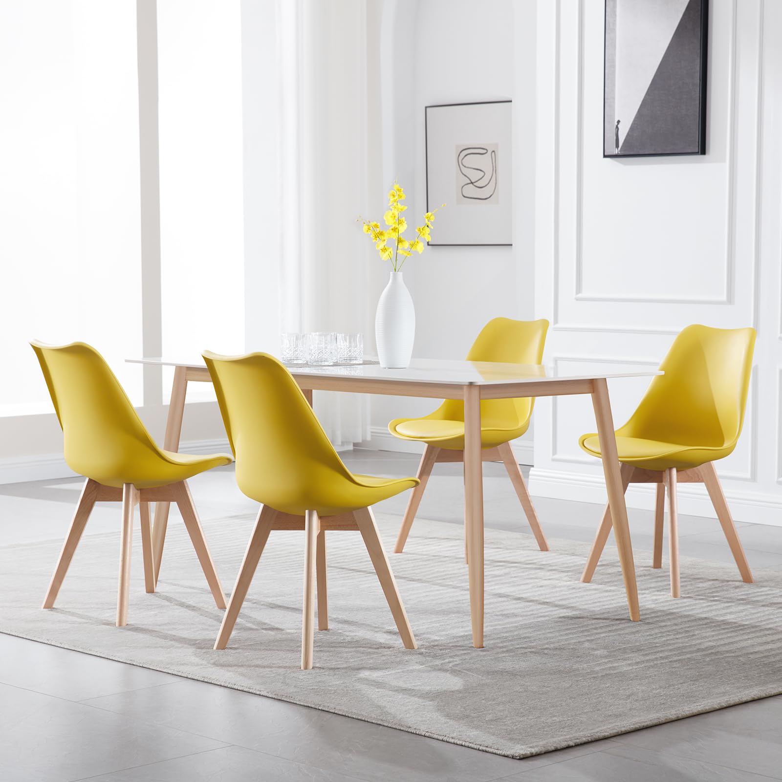 WOLTU Sedie da Pranzo Set di 4, Sedie da Cucina, in Legno Massello e Pelle Sintetica, capacità di Carico 150 kg, Giallo,