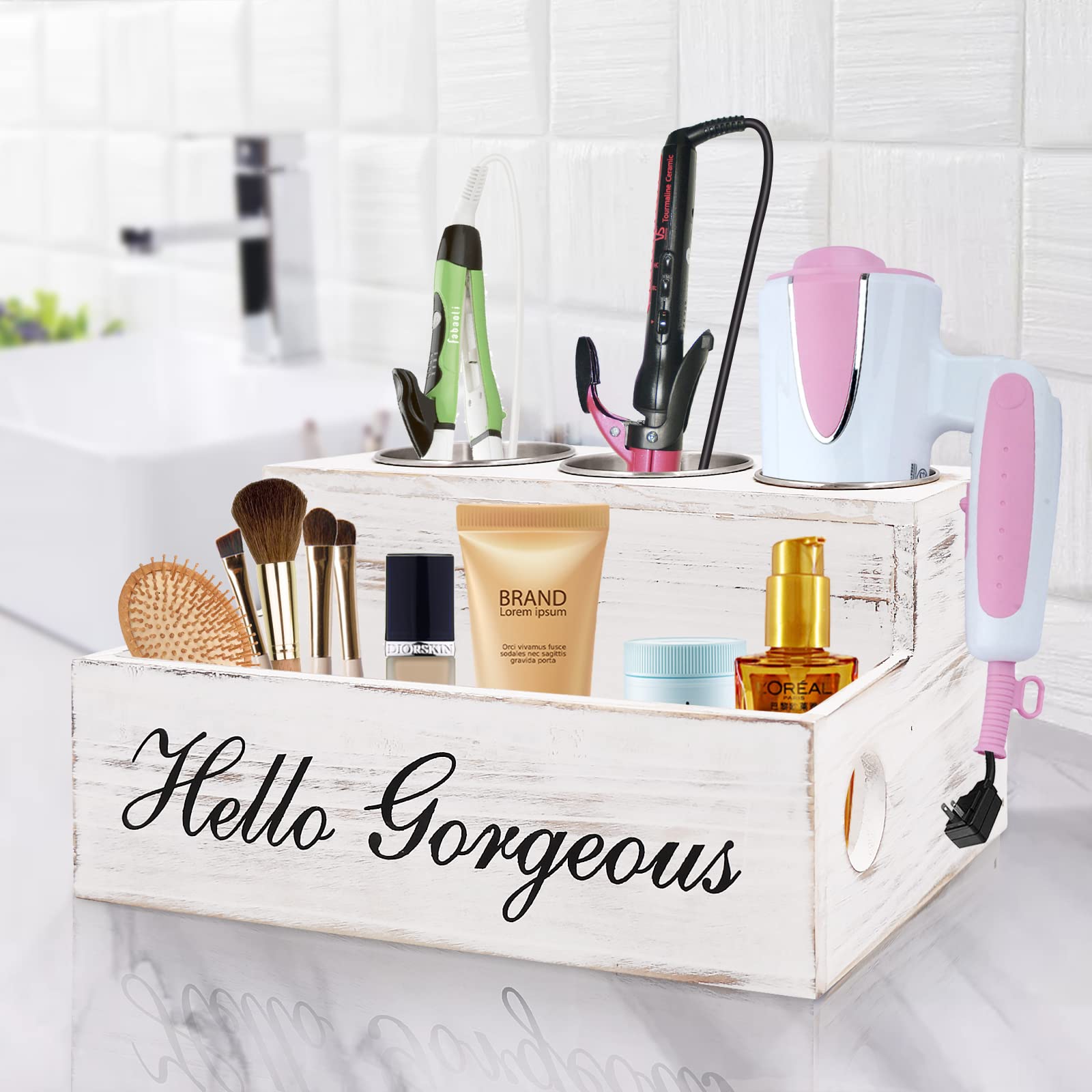 Holz-Organizer für Haartrockner, Haarstyling-Zubehör und Zubehör, Badezimmer-Arbeitsplatte, Aufbewahrungsbehälter für Föhn, Lockenstab und Glätteisen, Weiß