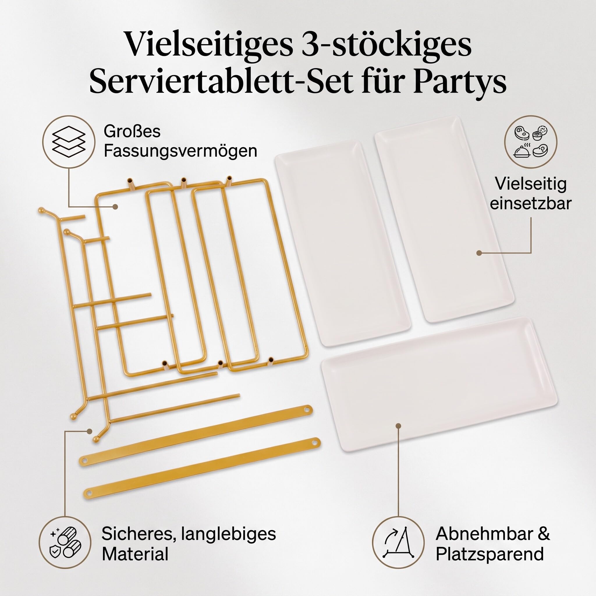 Plateau de Service à 3 Niveaux, Grands Plateaux de Service Détachables et Peu Encombrants, Support Polyvalent, avec Base en Acier au Carbone pour Présentation de Cupcakes