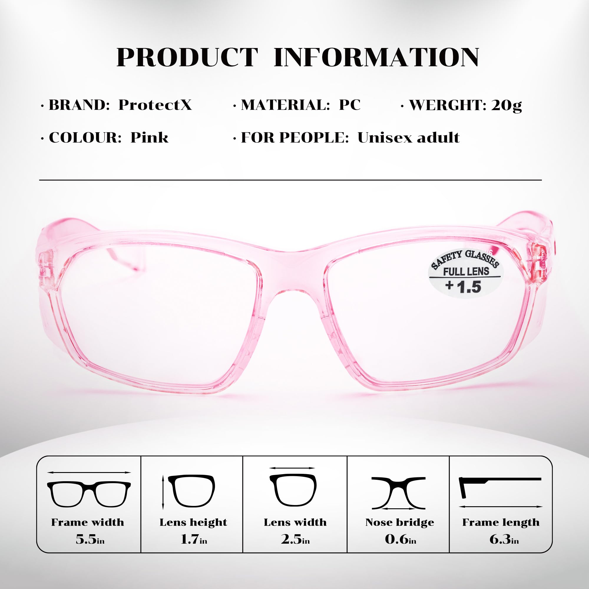 ProtectX Rosa Schutzbrille mit Lesegeräten, Anti-Beschlag-Schutzbrille mit Seitenschildern, ANSI Z87.1 Schutzbrille für Herren Damen Lesebrille 1,5 Dipoter