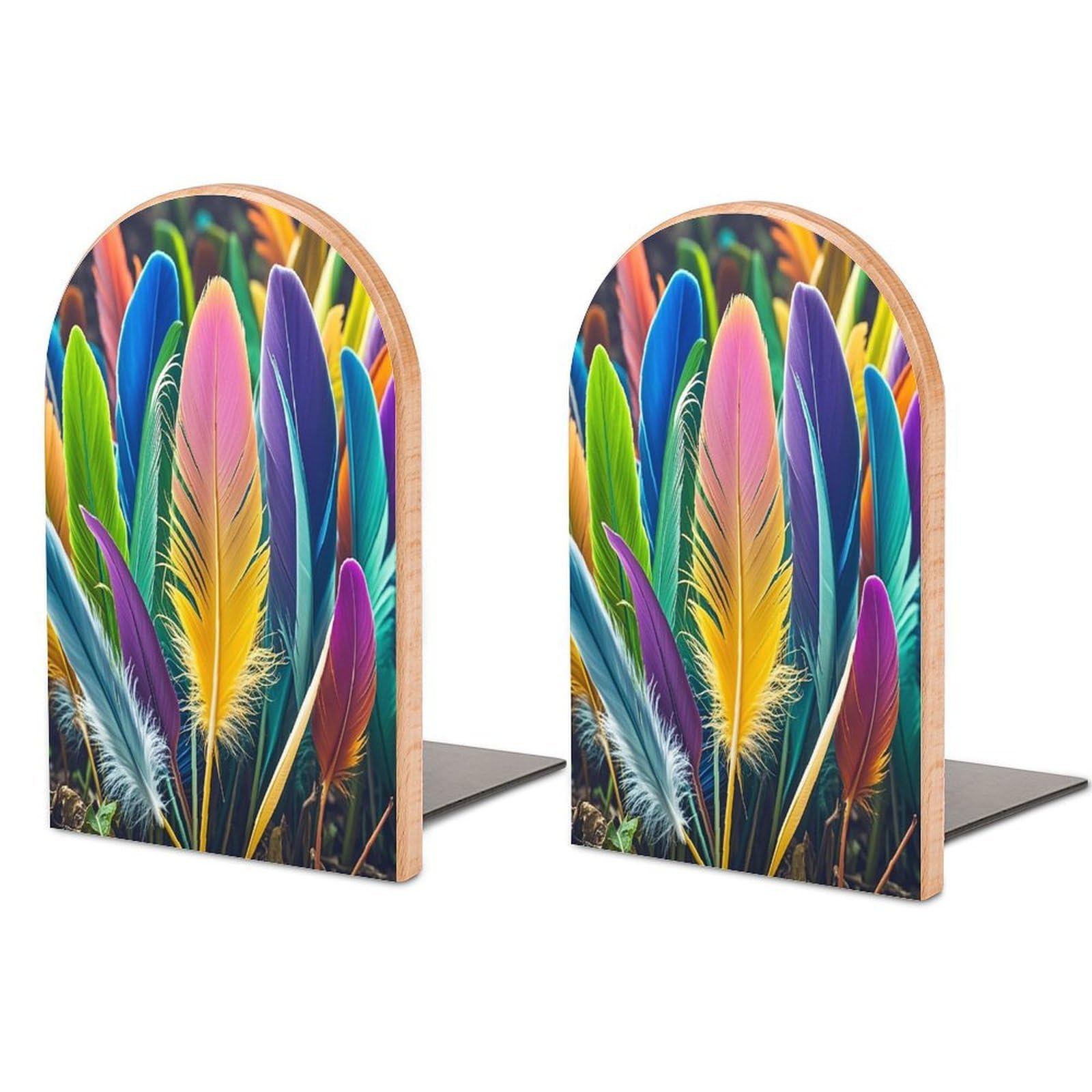 Lots of Feathers Bookend for Shelves Unique Book End Sturdy Books Holder Heavy Duty Wooden Bookends Support Non-Slip Book Organizers Decorative Modern Bookend Holder for Home
