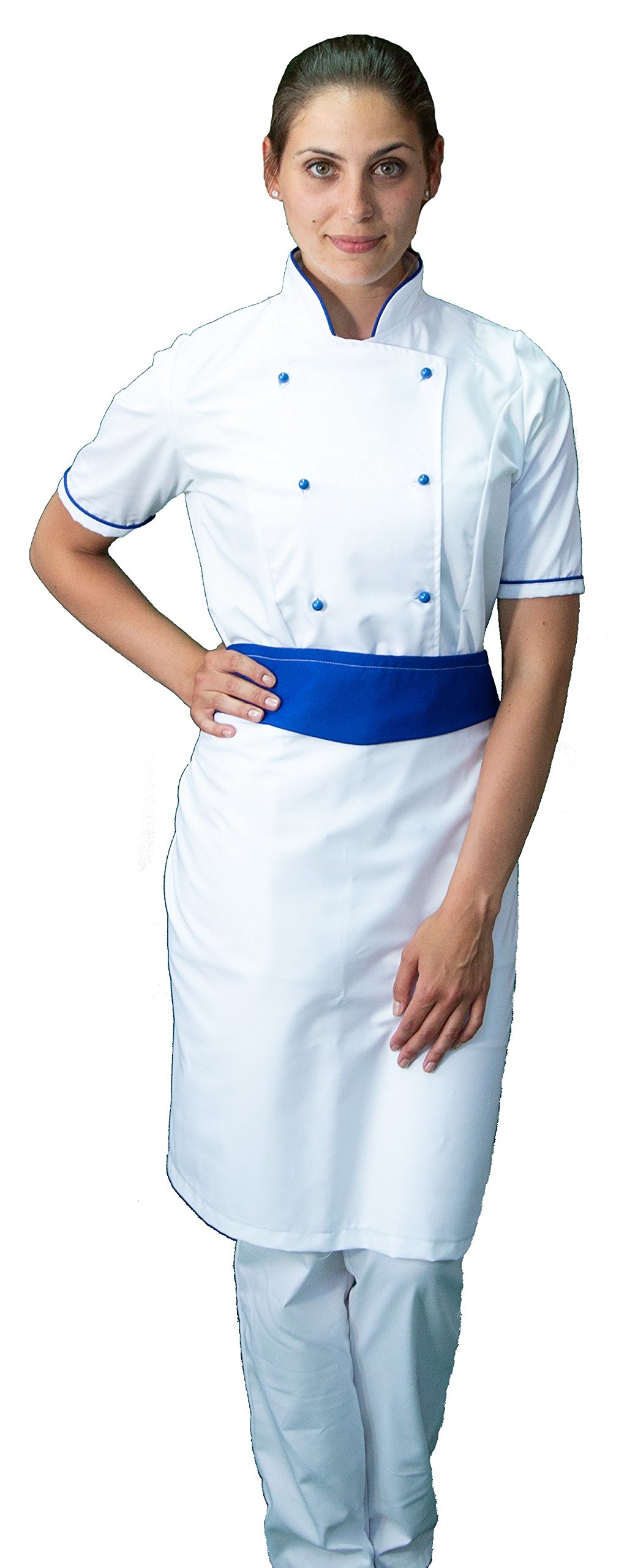 Ricamo Gratuito - Completo Cuoco Donna Bianco e Royal - Divisa Chef Personalizzabile M/C - Giacca, Pantaloni e Grembiule - Uniforme per Cucina e Ristorante - Made in Italy