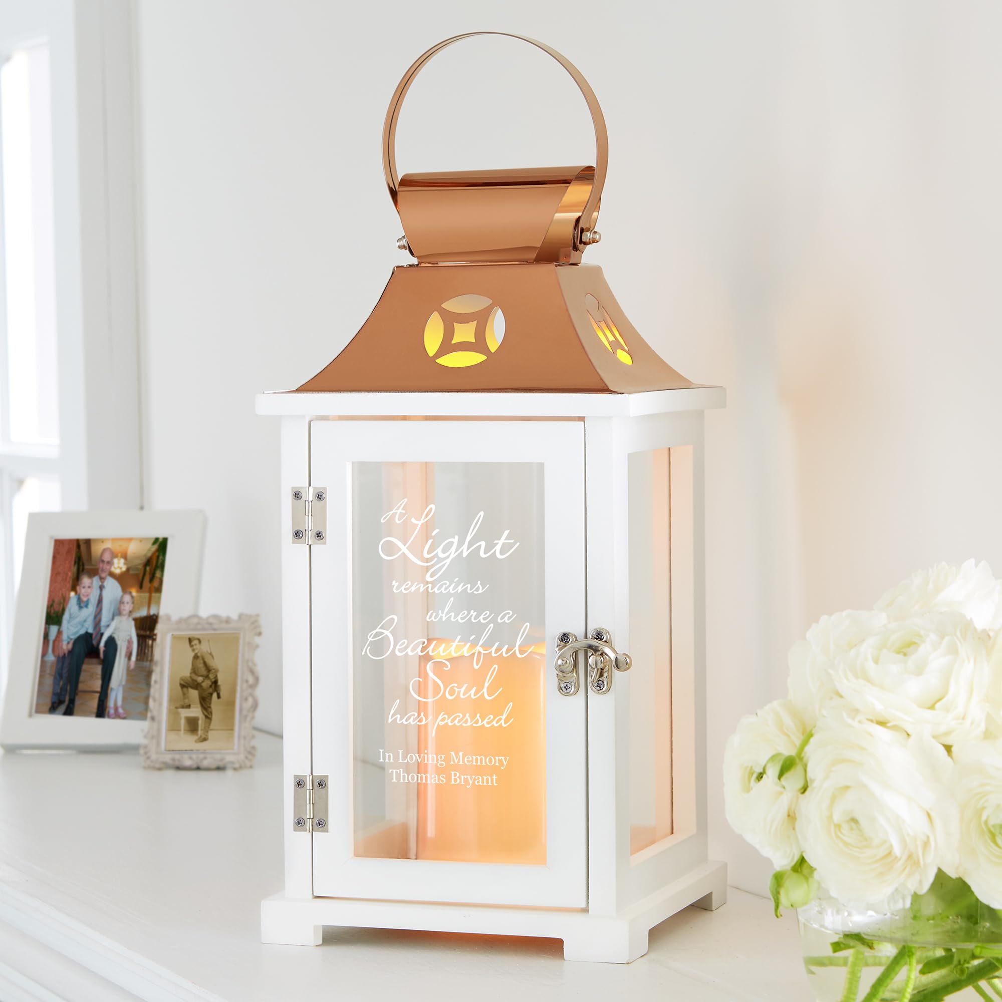Let’s Make Memories Personalized Memorial Lantern - Sympathy - Condolences - LED Candle - Automatic Timer - Wood/Stainless Steel - Copper Finish - A Light Remains