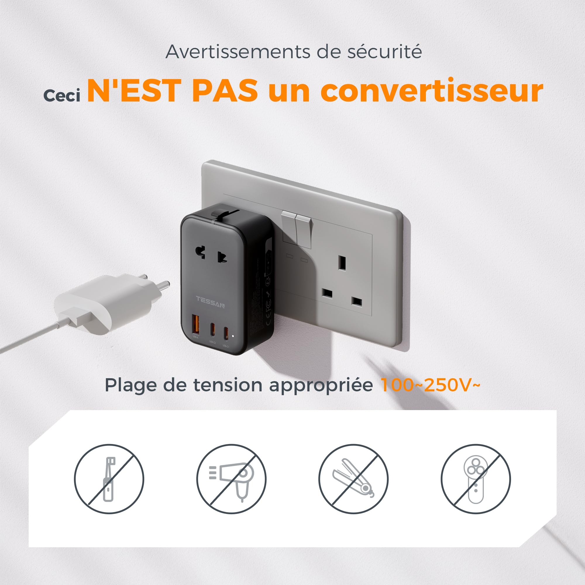 TESSAN Adaptateur Prise Universelle PD 20W, 2 USB C et 1 USB A, Voyage pour France USA Angleterre Australie Japon Chine Thaïlande