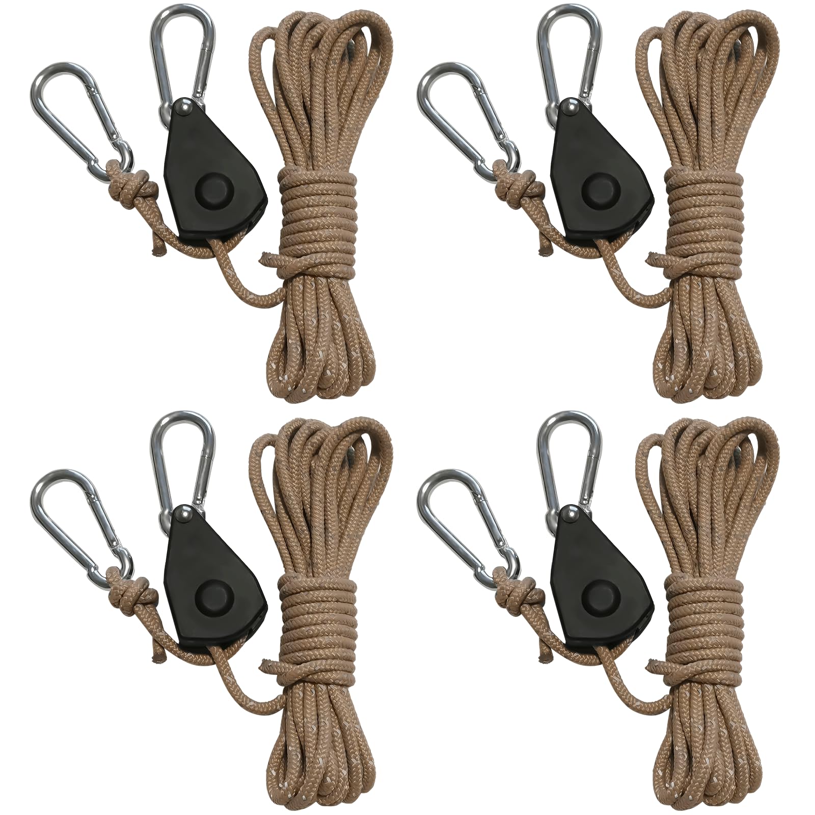 Lot de 4 cintres à cliquet, corde à cliquet de 4 m avec crochet, diamètre de corde 4 mm, corde à cliquet réglable pour lampes de ventilateur de plantes, tentes de plantes dintérieur et pots de fleurs