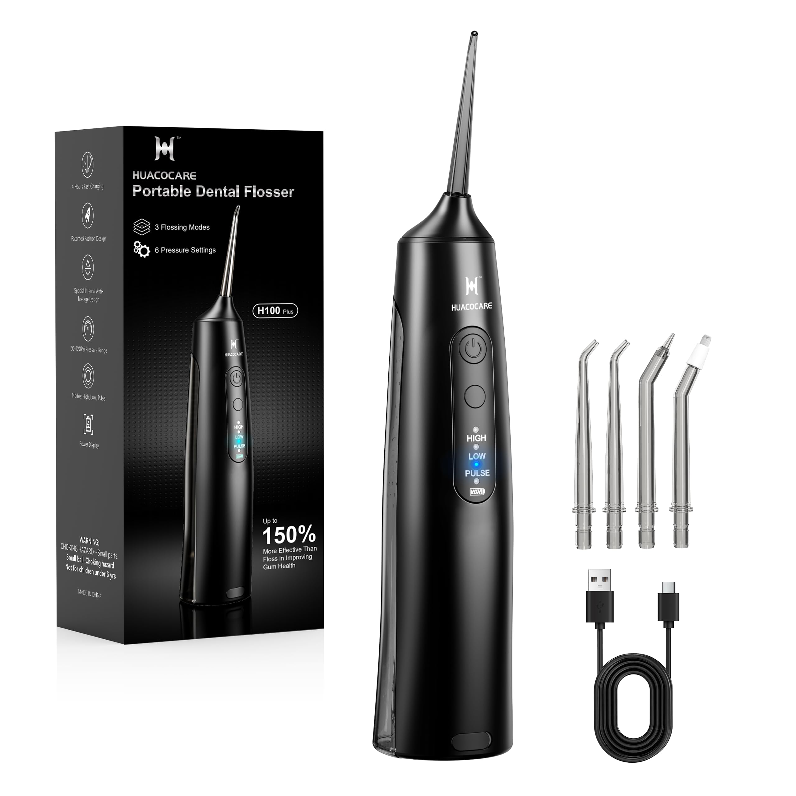 HUACO CARE Irrigador Dental Inalámbrico, 6 Ajustes de Presión y 3 Modos, Tanque 220 ml, Batería 30 Días, Impermeable IPX7, Irrigador Bucal Portátil para Dientes, Encías y Brackets
