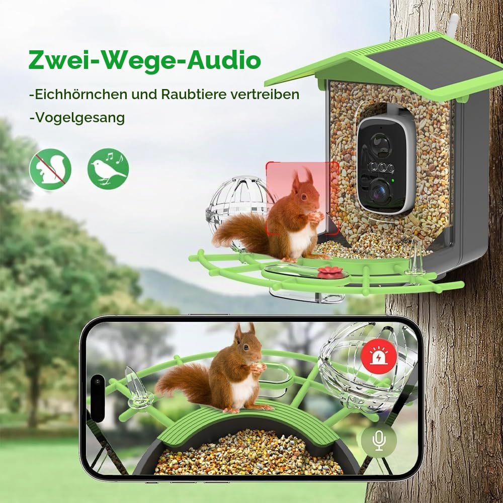 Vogelfutterhaus mit Kamera, Vogelhaus mit 4MP Kamera, Vogelfutterspender Garten, Vogelfutterstation mit Video/Fotoaufnahme, KI Identifizierung, Bewegungserkennung, Alarm, Nachtsicht, IP65 Wasserdicht