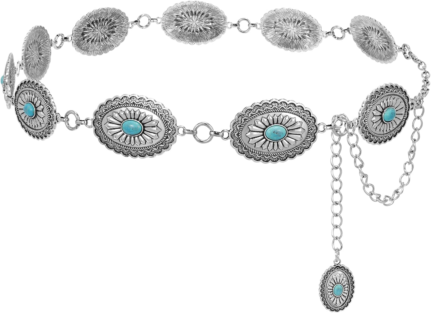 Women Metal Waist Chain Belt Concho Western Cowgirls Country Belt Boho Vintage Turquoise Belt for Jeans Dress