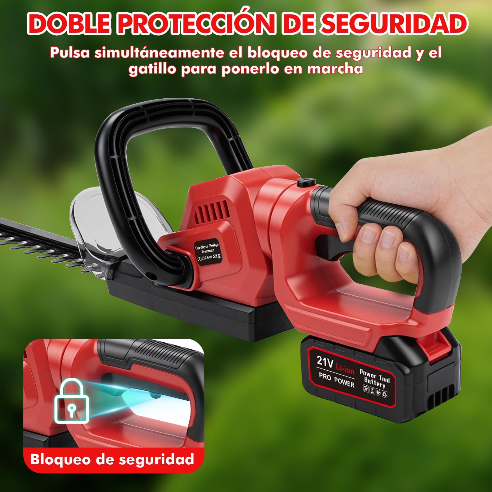Cortasetos Electrico Bateria 21V, Corta Setos Jardin Electrico Inalámbrico con 3.0Ah Batería, Motor 850W, Longitud de Cuchilla de 56cm, para Desherbar, Podar Arboles y Arbustos