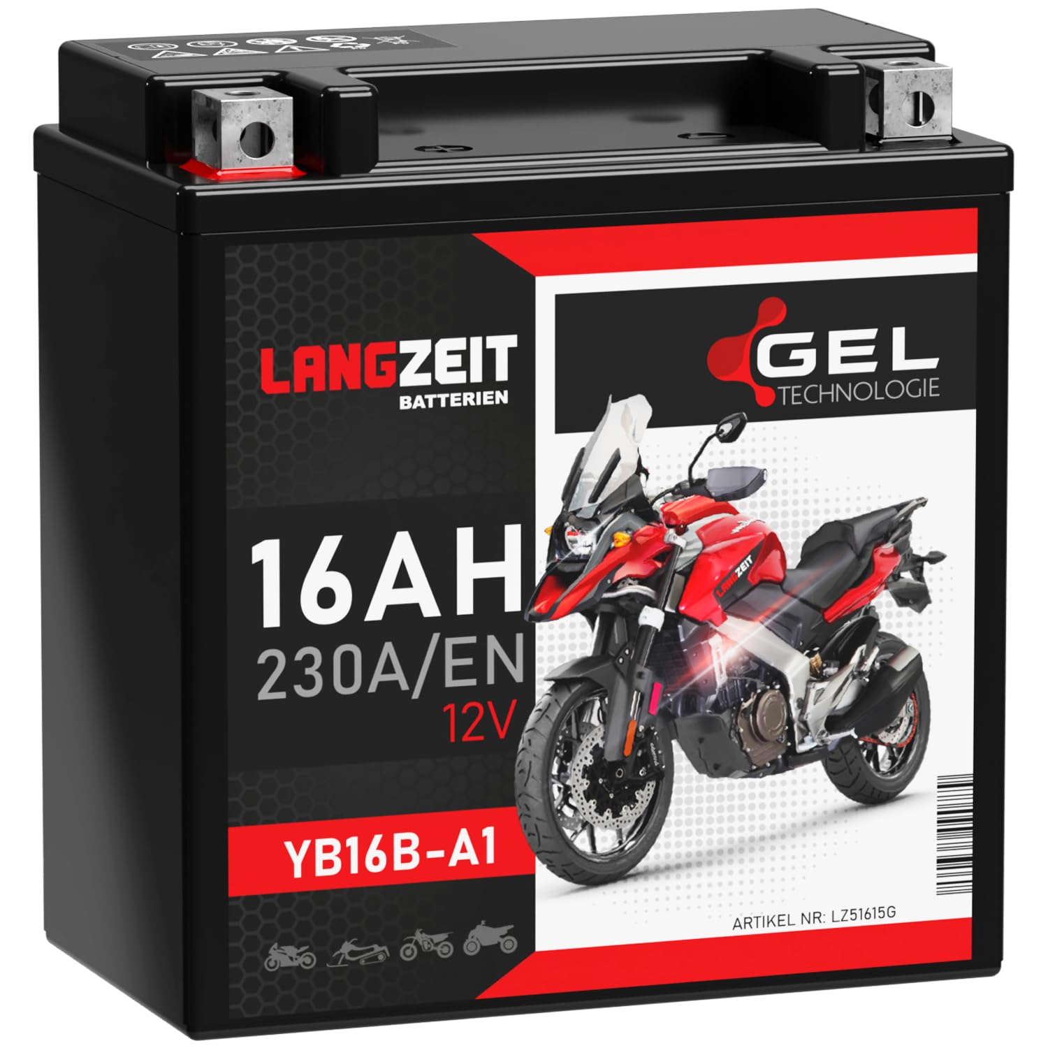 LANGZEIT YB16B-A1 GEL Motorradbatterie 12V 16Ah 230A/EN Gel Batterie 51615