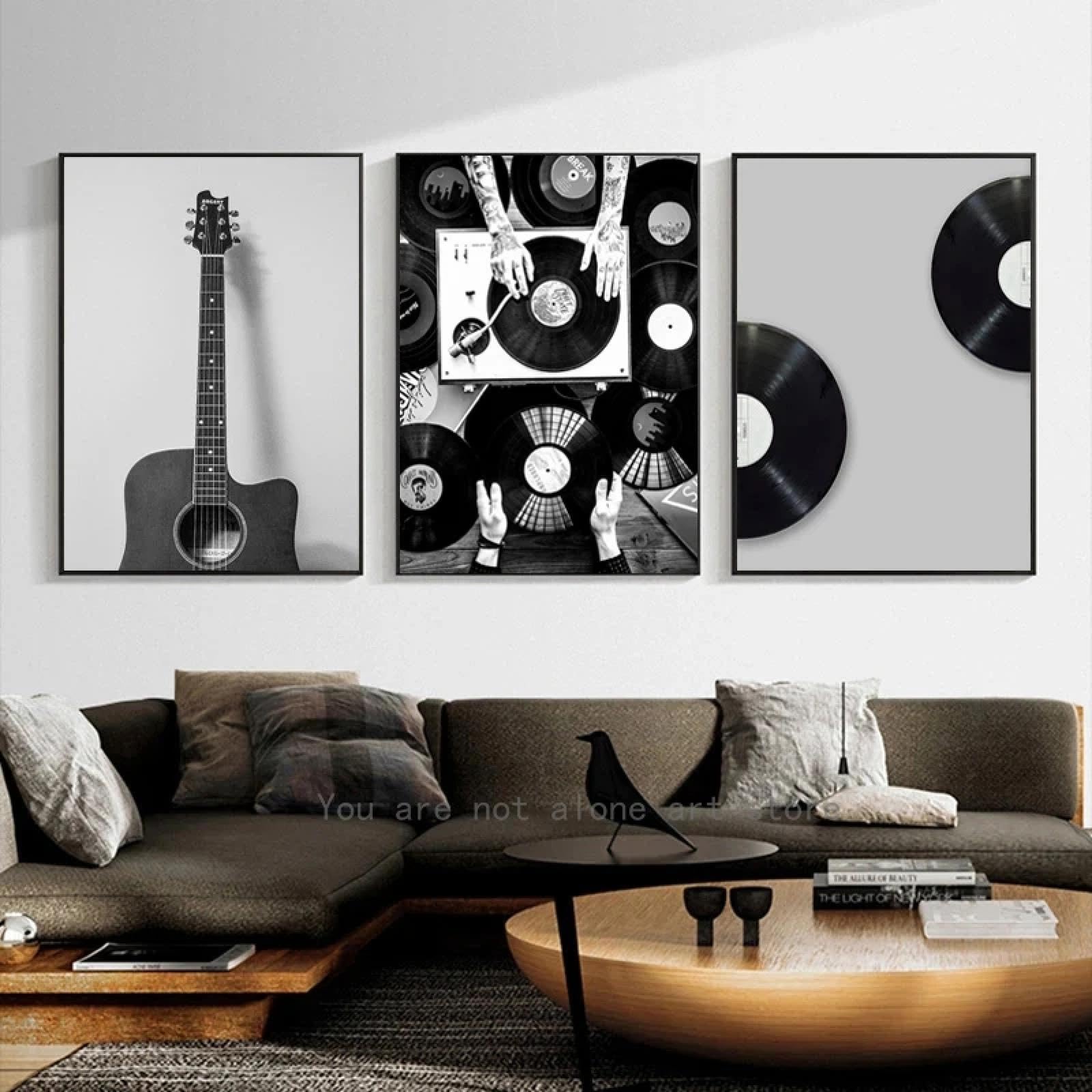 BMGKYAGL Vintage płyty winylowe muzyka gitara plakaty wydruki na płótnie obrazy dekoracje do salonu 70 x 100 cm 3 ramki
