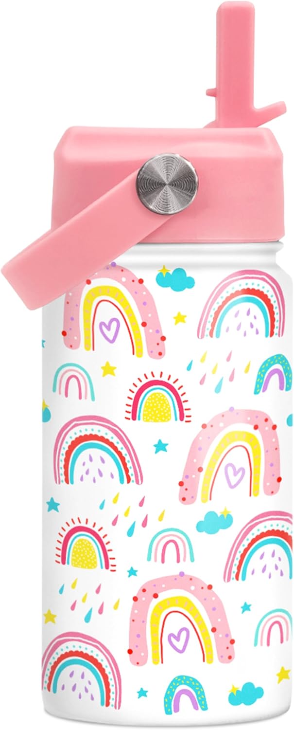 Rainbow Kids Water Bottle With Straw Lid 12oz Insulated Stainless Steel, Travel Tumbler, Gifts For Girls, Birthday, Christmas, Back To School